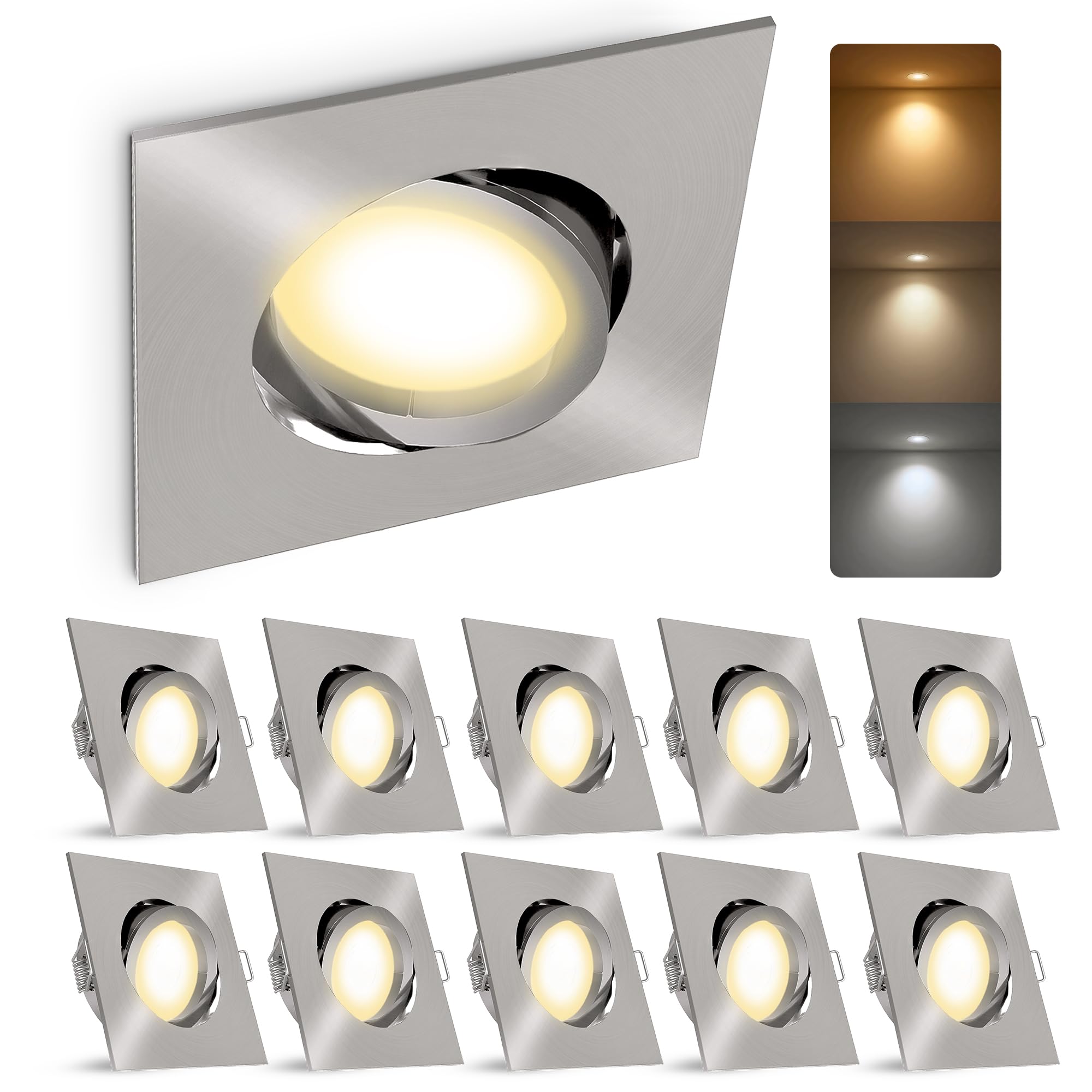 linovum 10er Set LED Einbauspot eckig Edelstahl Optik - schwenkbarer Einbaustrahler 230V inkl. GU10 6W warmweiß + neutralweiß + tageslicht
