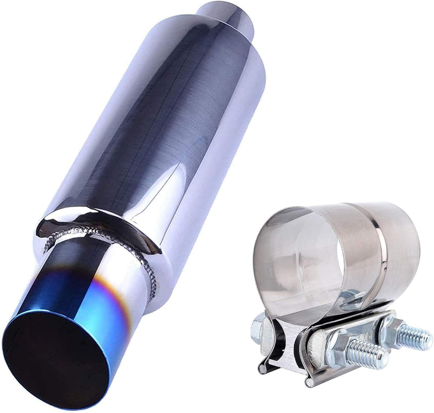 EVIL ENERGY 2" Inlet 3" Outlet Exhaust Burnt Muffler 14.8" Length Bundle with 2.0inch Lap Joint Exhaust Clamp