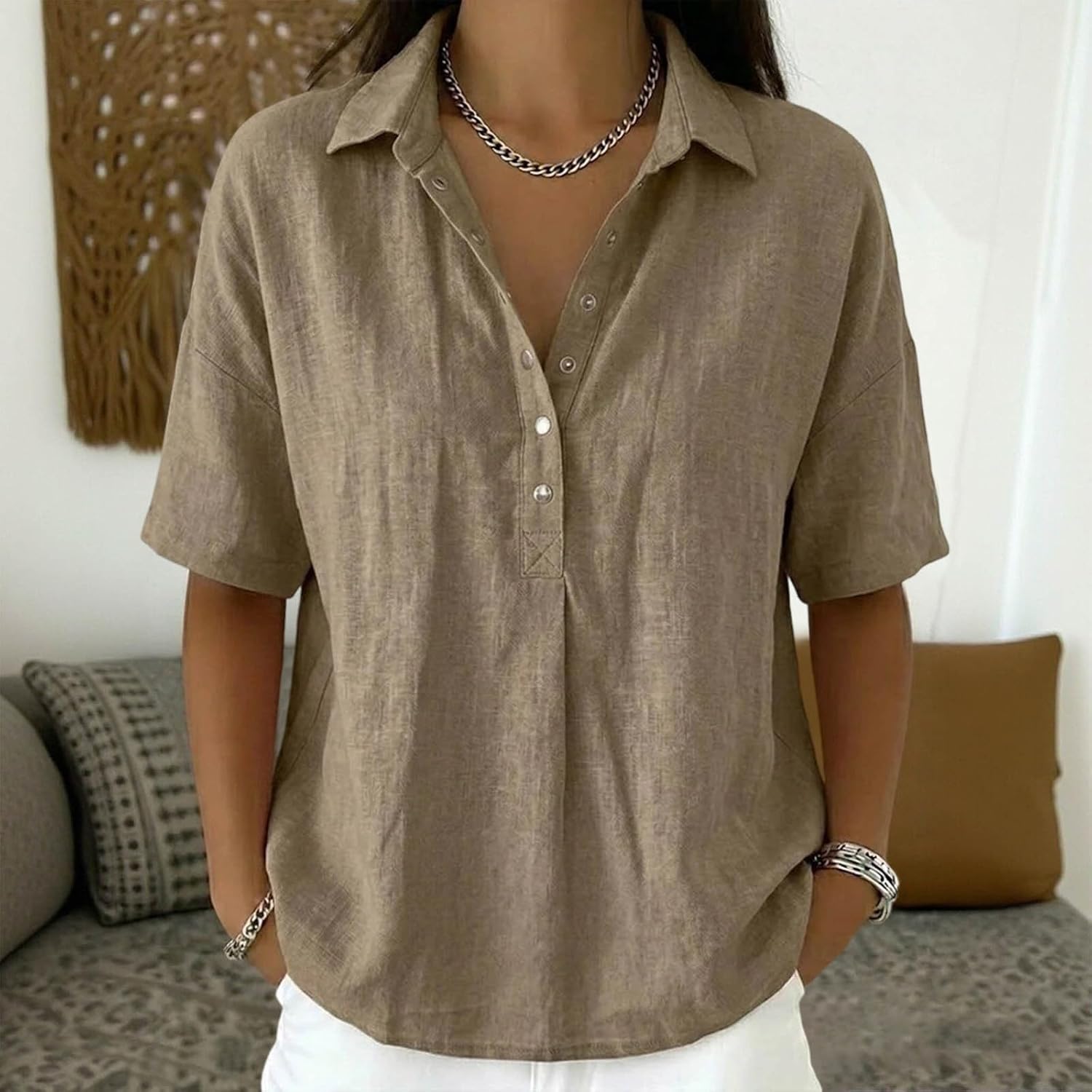 Cotton Linen Tops for Women Summer Short Sleeve Button V Neck Gauze Shirts Dressy Casual Loose Fit Lapel Blouses