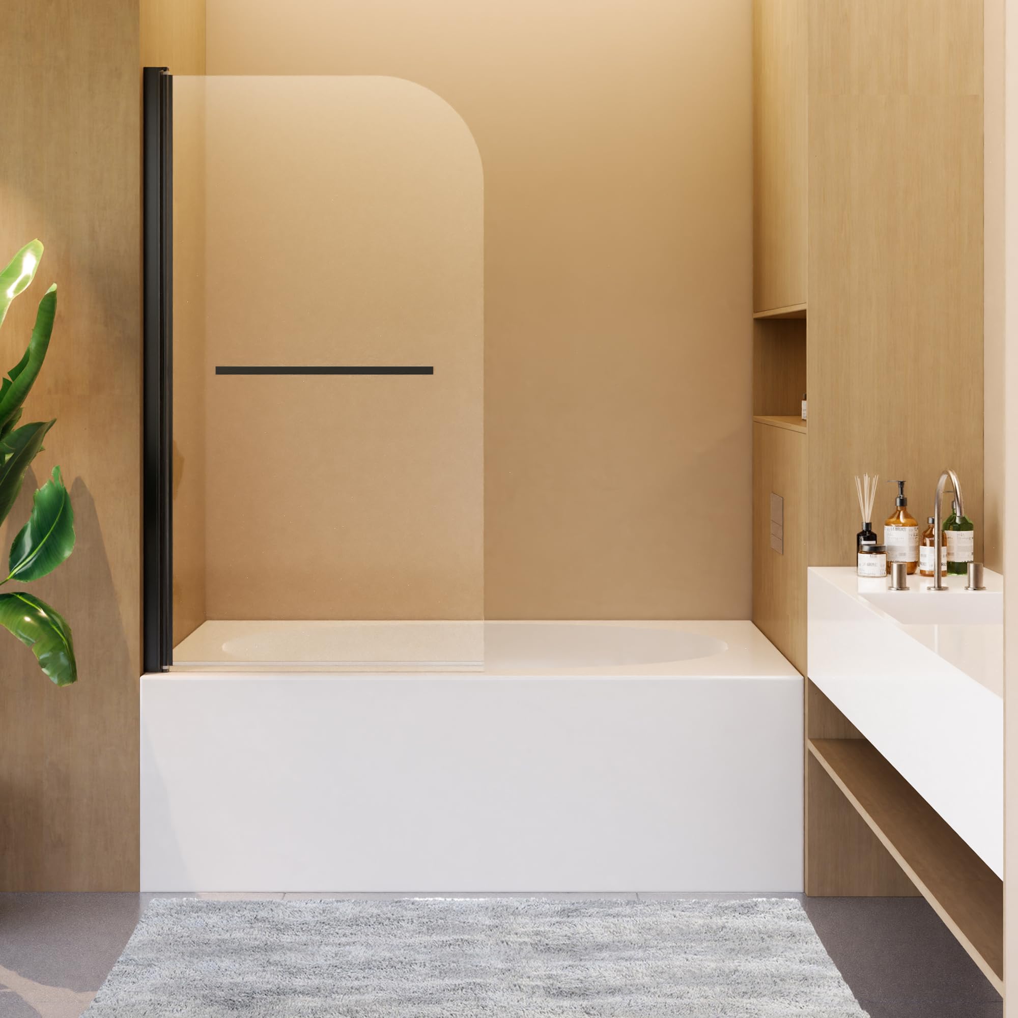 Pivot Tub Shower Door 31"W×55"H Bath tub Pivot Shower Screen Folding Bathtub Shower Door with 1/4"(6mm)Tempered Glass, Frameless Glass Shower Door with Towel Bar,Shower Door for Bathtub Black