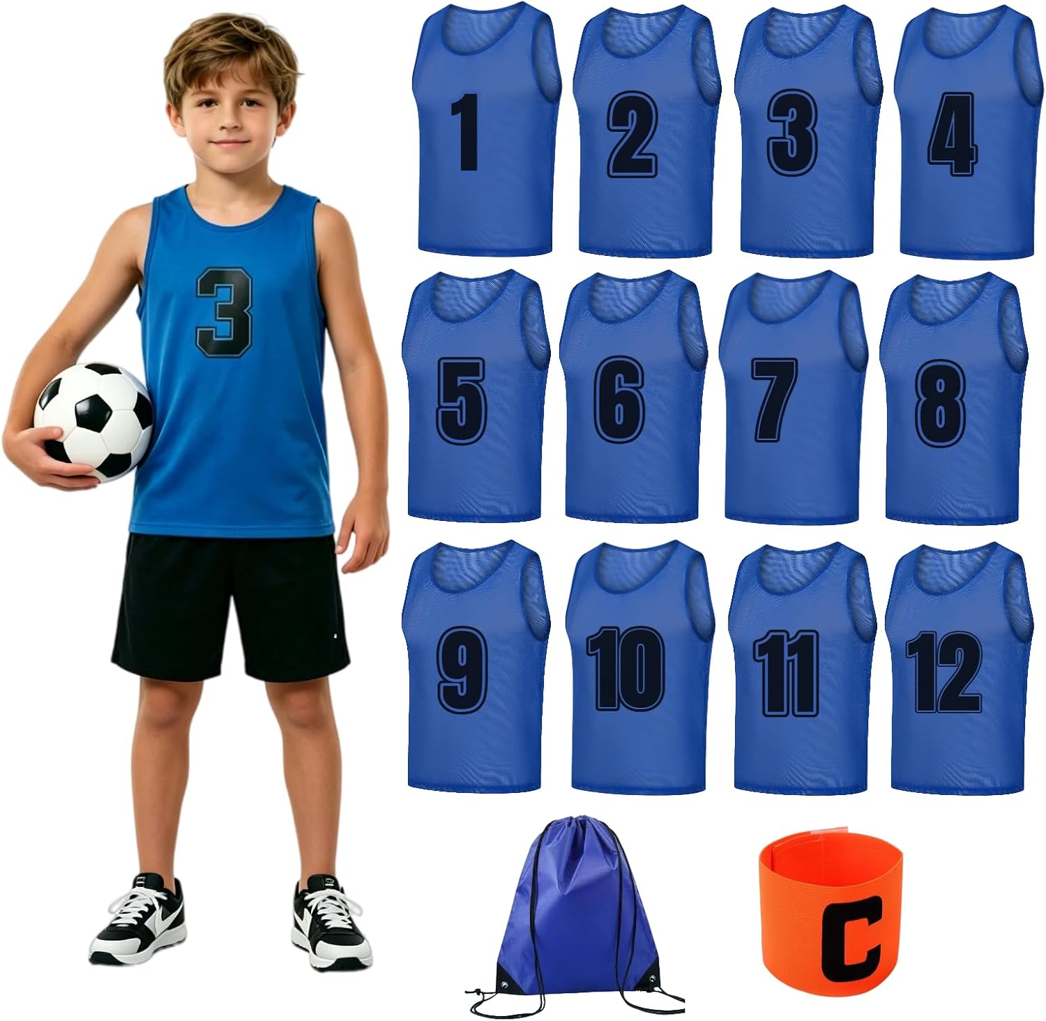 TOEPODO Pinnies Set of 12 Pack Scrimmage Vests Soccer Bibs Team Practice Pinnies with Drawstring Bag & Captain's Armband