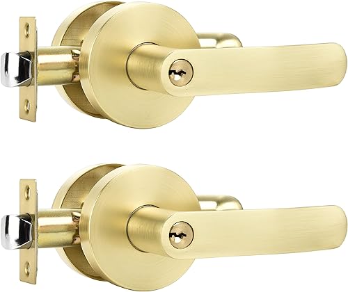 Leydebong Paquete de 2 manijas de entrada con llave para exteriores resistentes (con llave igual), manija de puerta dorada clara, manija de puerta