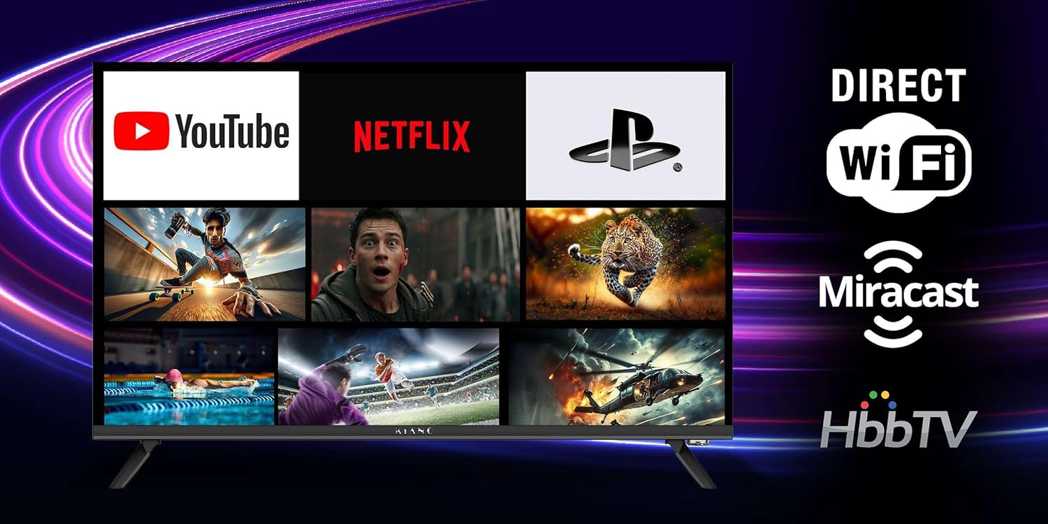 KIANO Smart TV interface displaying app icons for YouTube, Netflix, and other media services.