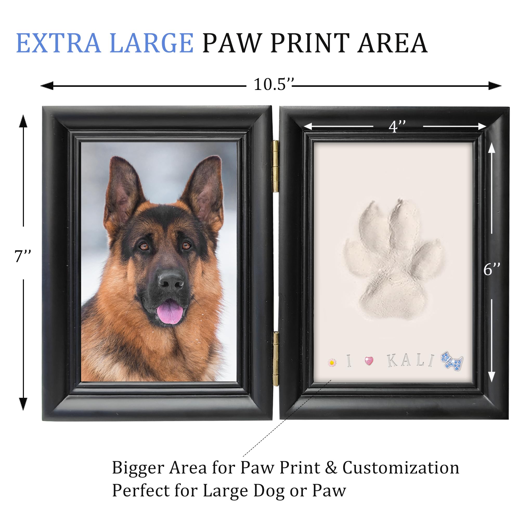 MYPAWLETS Kit de impresión de huellas de perro o gato con baratijas, kit de impresión de huellas de mascotas con 2 arcillas, marco de fotos de madera para perro, tamaño grande, color negro