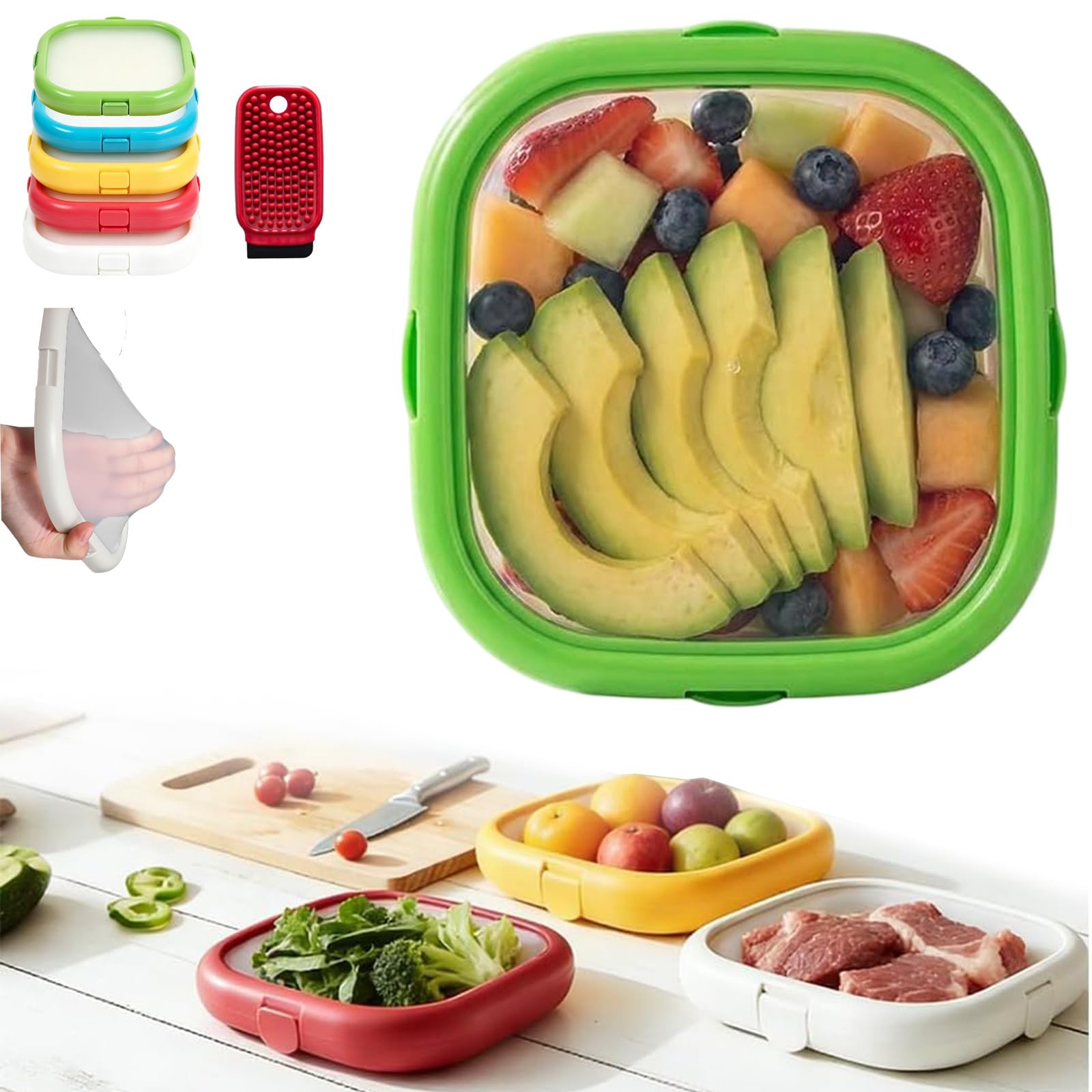 Snrtevu 2026 Silicone Containers for Storing Fruits and Vegetables, Fruit Storage Containers for Fridge, Fresh Organisers Stackable Space-Saving, Keep Salad, Avocado Fresher Longer (GREEN)