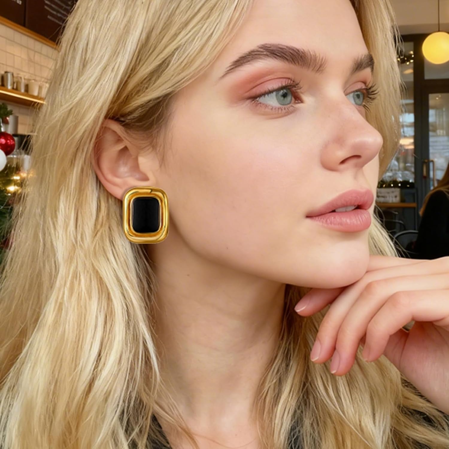 Chunky Gold Earrings Vintage Square Earrings Women Black and Gold Statement Earrings 18K Gold Stud Non Tarnish Stainless Steel - Image 3