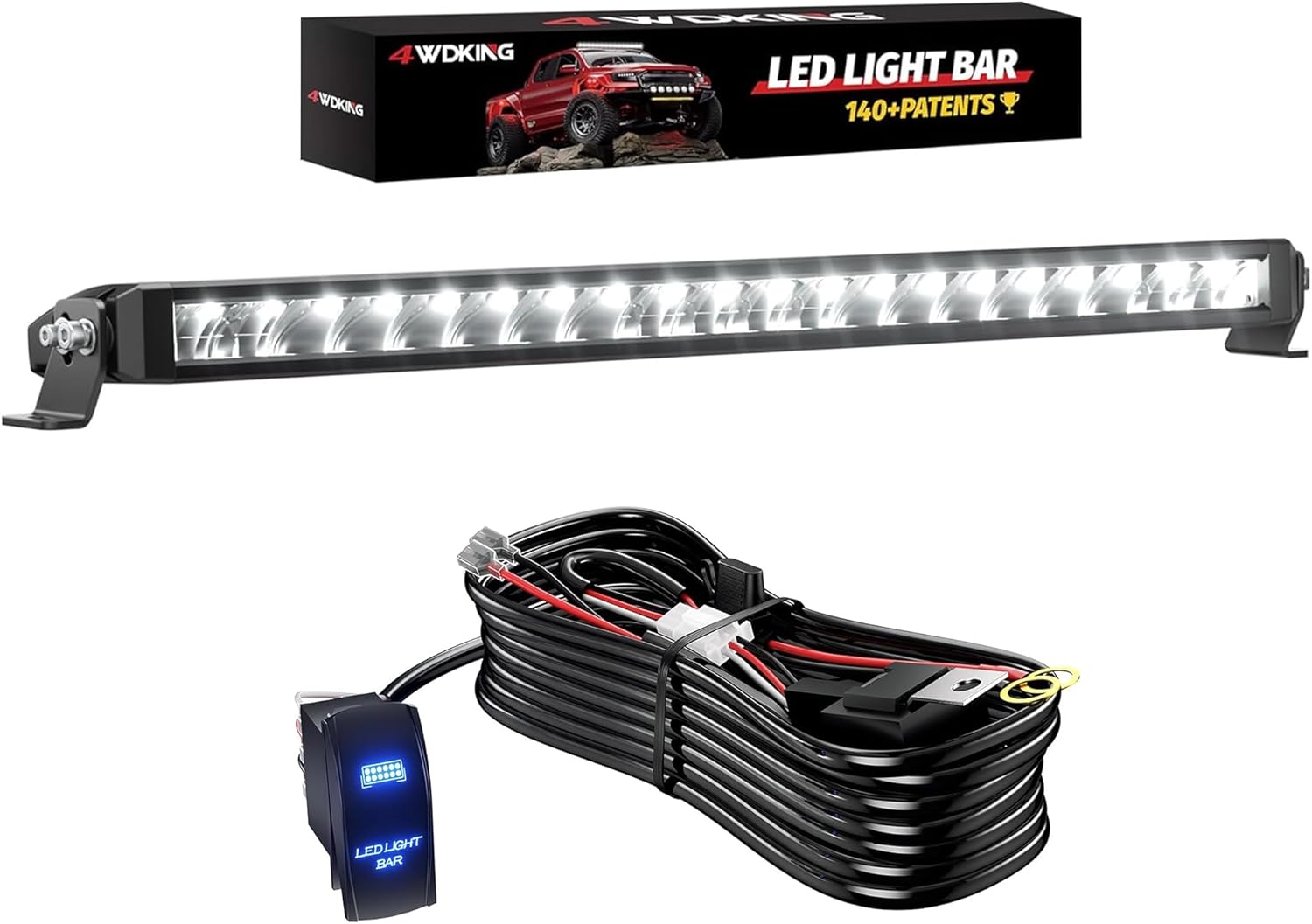 4WDKING 22inch Slim LED White Light Bar & 10FT LED Work Light Wiring Harness Kit 12AWG 1 Leads