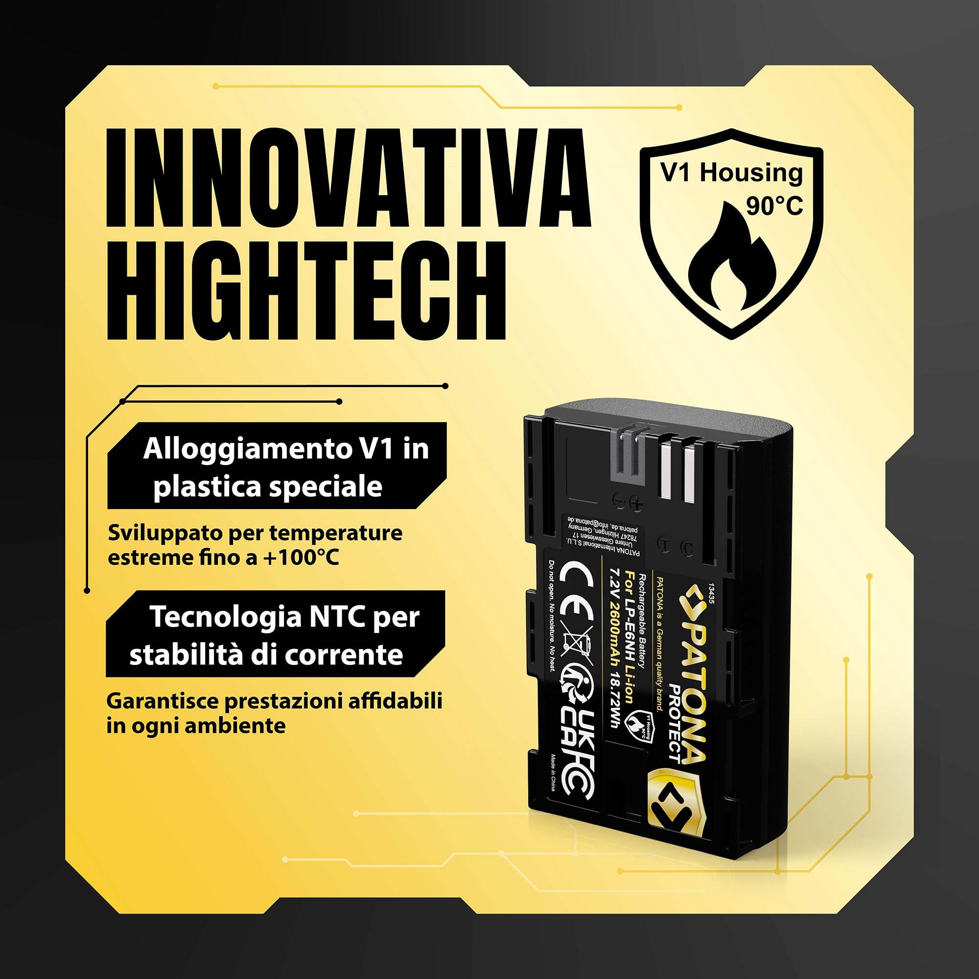 PATONA Protect Batteria LP-E6NH 2600mAh – ricambio per Canon LP-E6 LP-E6N LP-E6NH – compatibile con EOS R5 R6 R6II R7 5D III/IV 6D 7D 90D – sensore NTC e guscio V1 ignifugo