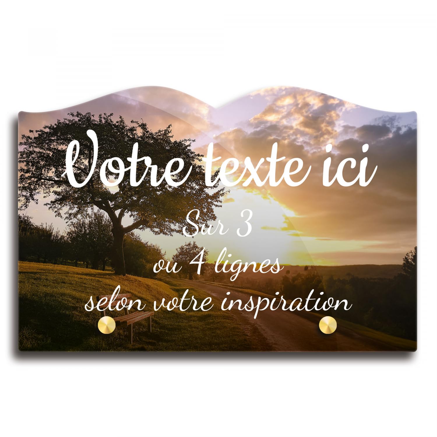Placa funeraria Libro personalizable en plexi con diseño de paisaje con árbol y banco, varios tamaños, grosor 6 mm, personalizado en varias líneas 22x15 cm