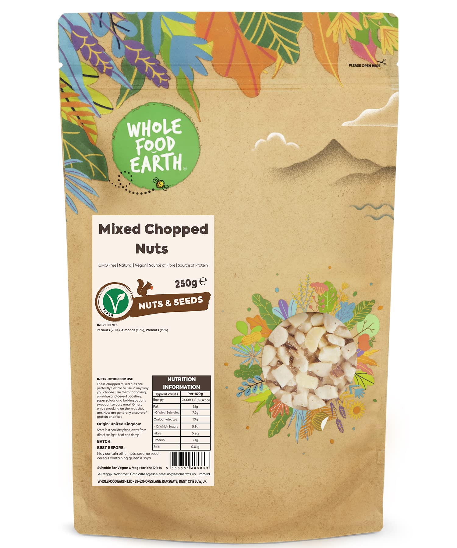 Wholefood Earth Mixed Chopped Nuts 250 g | GMO Free | Natural | Source of Fibre | Source of Protein