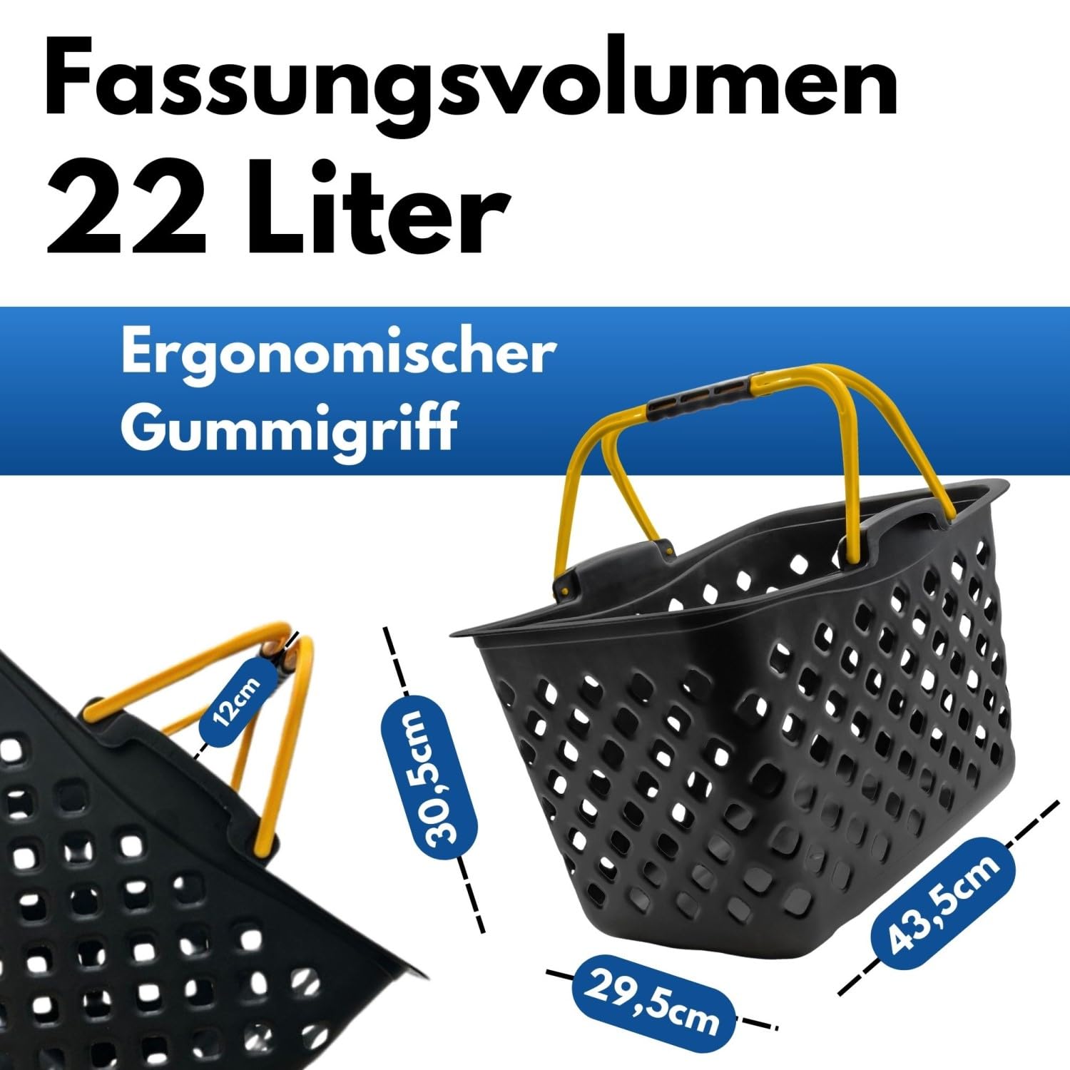 Einkaufskorb Shadow Style – 22L Kunststoff-Korb stapelbar – Mit 2 Tragebügeln für Laden & Einkauf – Lebensmittelecht – Schwarz-Gelb (10 Stk.)
