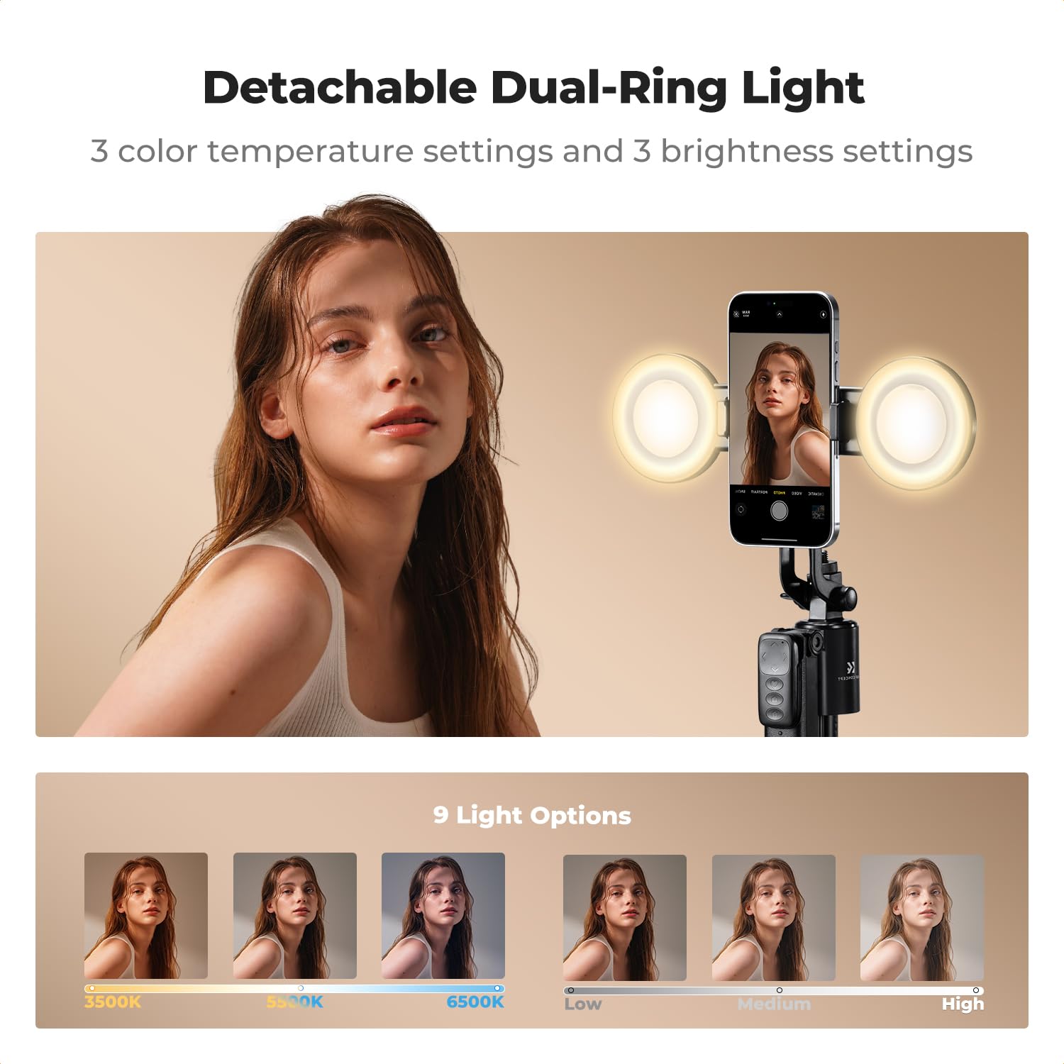 K&F CONCEPT Statyw 71” z automatycznym śledzeniem twarzy, obrotowy 360°, 2 lampy LED, pilot i sterowanie gestami do vlogów i transmisji