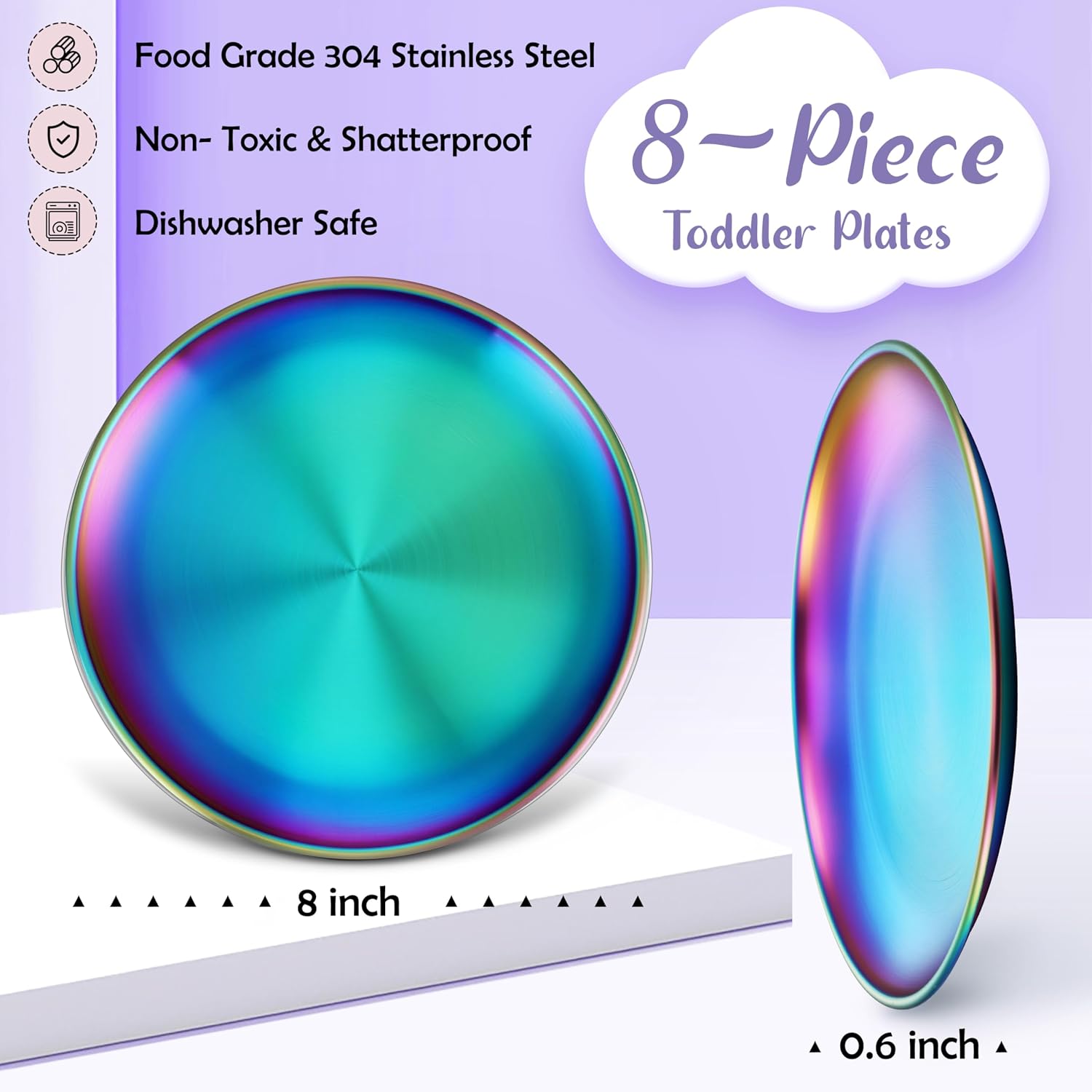 HaWare 8-Piece 18/8 Stainless Steel Plates, Metal 304 Dinner Dishes for Kids Toddlers Children, 8 Inch Colorful Feeding Serving Camping Plates, Reusable Dinnerware, Non-toxic, Dishwasher Safe, Rainbow