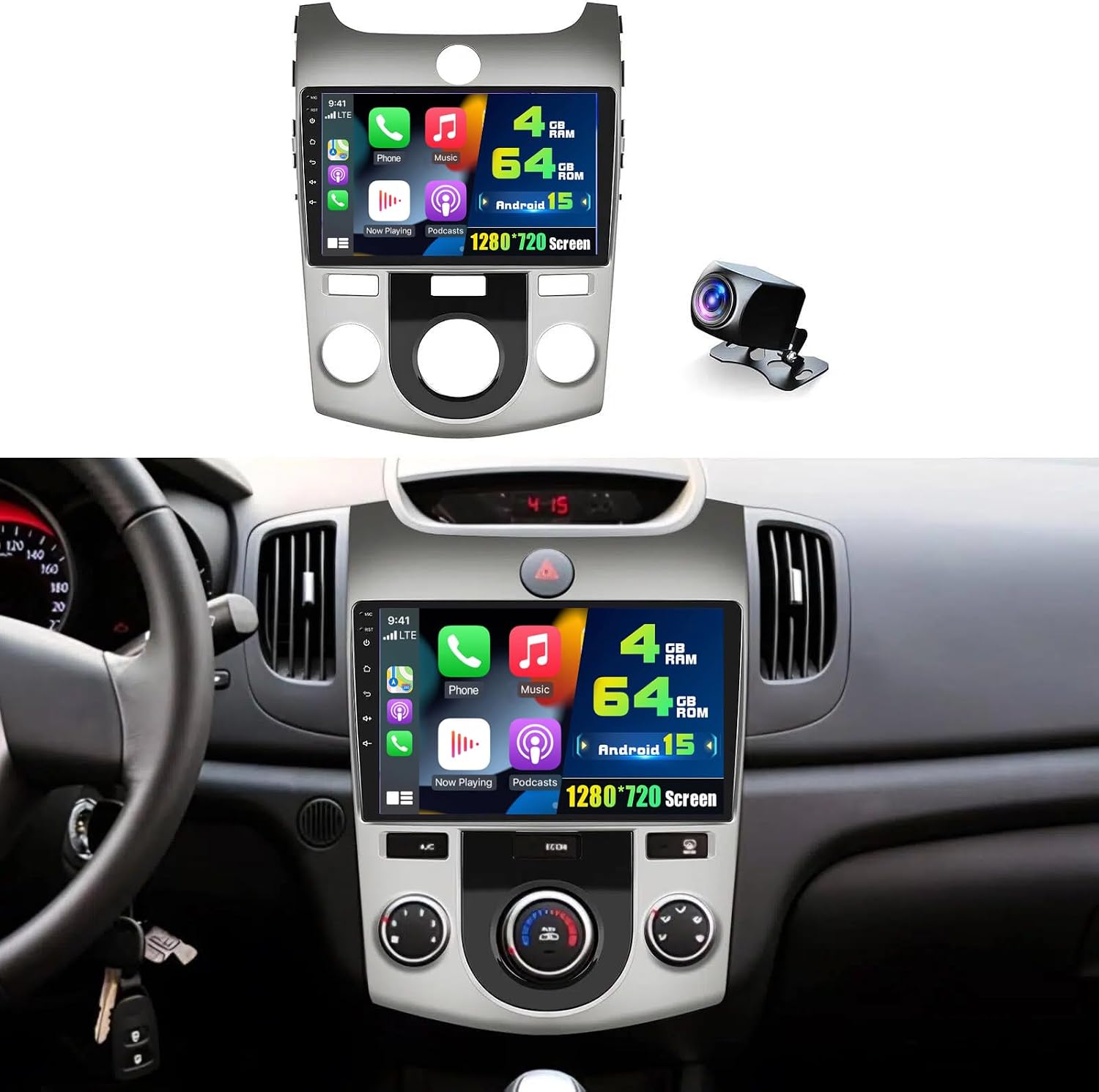 4+64G Car Radio for Kia Forte 2008-2012 (Manual A/C) Wireless Carplay Android Auto,9'' IPS Touchscreen Stereo Android 15 WiFi 32EQ GPS Navigation 1080P Bluetooth +Free AHD Backup Camera