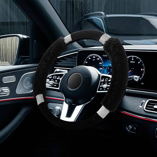 Miniatura 8 de Achiou - Funda de volante esponjosa con diamantes de imitación, cómoda lana sintética de lujo antideslizante, ajuste universal para volantes de 14.5
