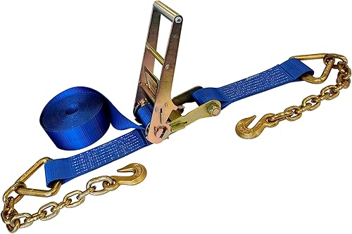 Mega Cargo Control Correas de trinquete de 3 pulgadas x 60 pies con ganchos de agarre y extremo de cadena, correas de anclaje azules, 1 paquete