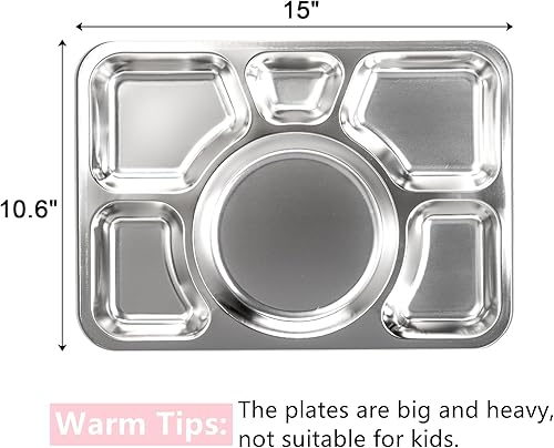 Miniatura 2 de Hacaroa Paquete de 4 platos llanos divididos de acero inoxidable, plato de servir aperitivos de 15 x 10.6 pulgadas con 6 compartimentos, bandejas de