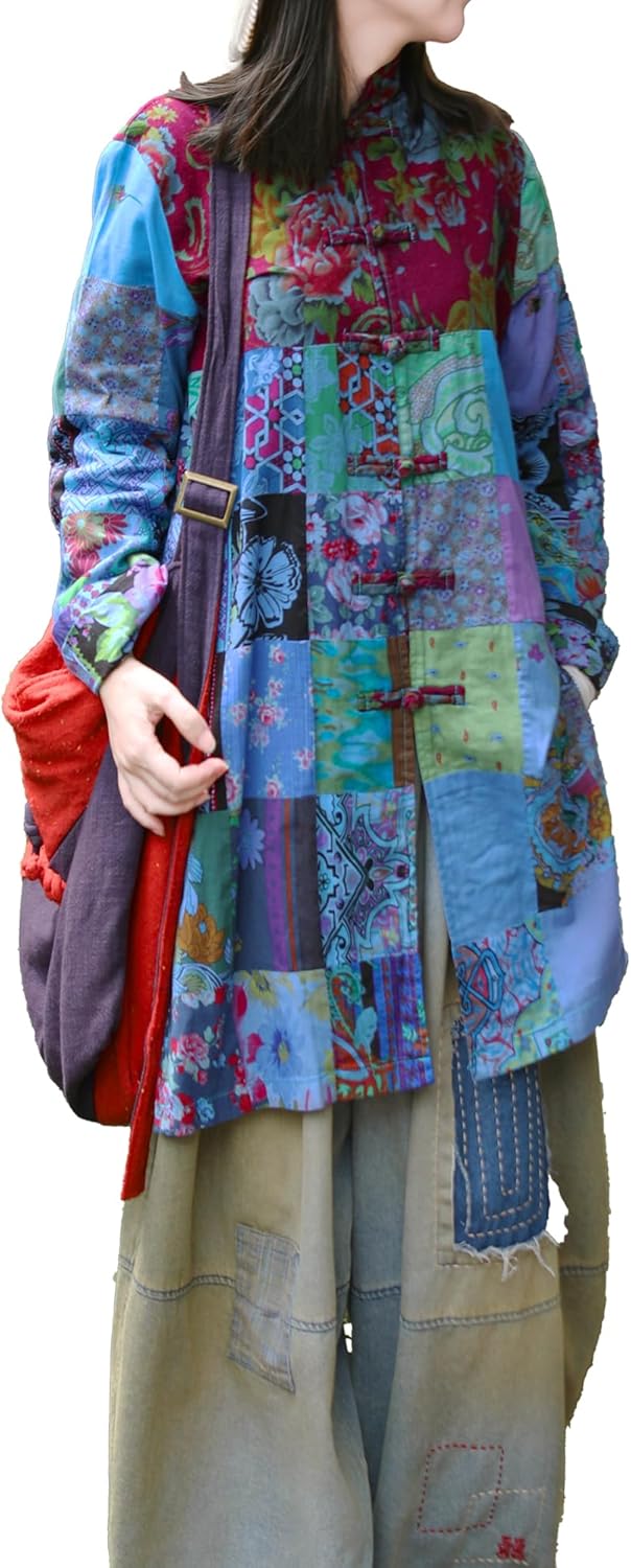 LUZU JUNU Women's Trench Coat Floral Print Long Cotton Linen Jacke Cottagecore Clothing Patchwork Outwear Bohemian unique (US, Alpha, One Size, Regular, Regular, Blue)