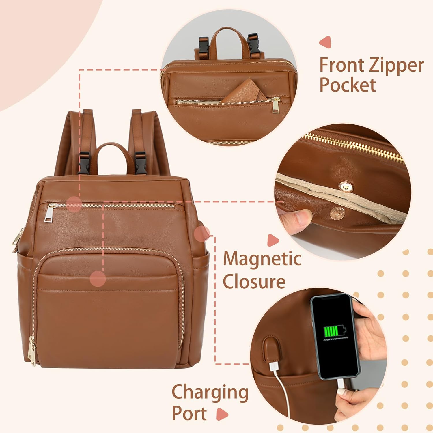 Omanmoli Diaper Bag Backpack Leather Large Baby Diaper Bag Essentials With 18 Organizing Pockets,6 Insulated Pockets,USB Charging Port,Stroller Straps,Changing Pad (Brown) - Image 3
