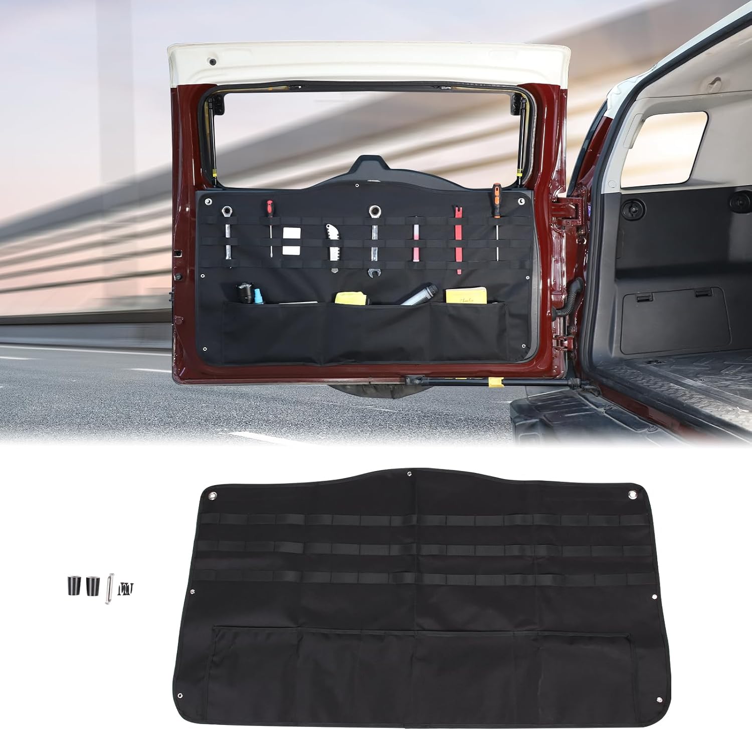 Aunginsy Tailgate Storage Bag Compatible with Toyota FJ Cruiser 2007-2024 Rear Tailgate Trunk Organizer Back Door Panel Hanging Storage Pockets Box Multi-Compartment Oxford Cloth Expansion Accessories
