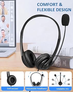USB Headset with Microphone for PC Laptop, 3 in 1 Wired Headphones with Noise Cancelling Mic & Audio Controls, Adjustable Headset for Office, Call Center, Online Classes, Teams, Zoom, Skype