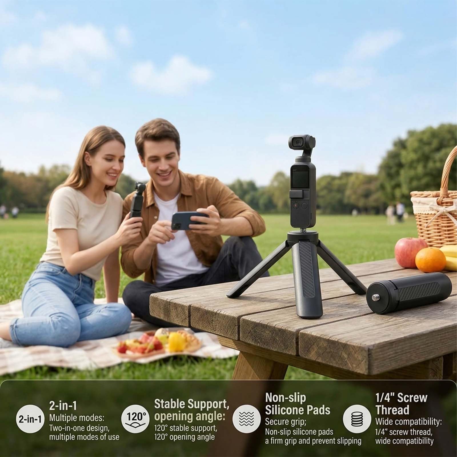 Mini statyw kamera z gwintem 1/4 cala | Antypoślizgowy przenośny mini, uchwyt statyw 2 w 1 do Pocket 4/3, Action 6/5, Insta360 X5