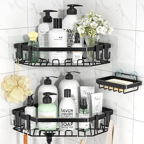 HYSEYY Organizador de ducha de esquina, paquete de 3 estantes de ducha autoadhesivos con soporte para jabón y 16 ganchos, organizador de ducha de