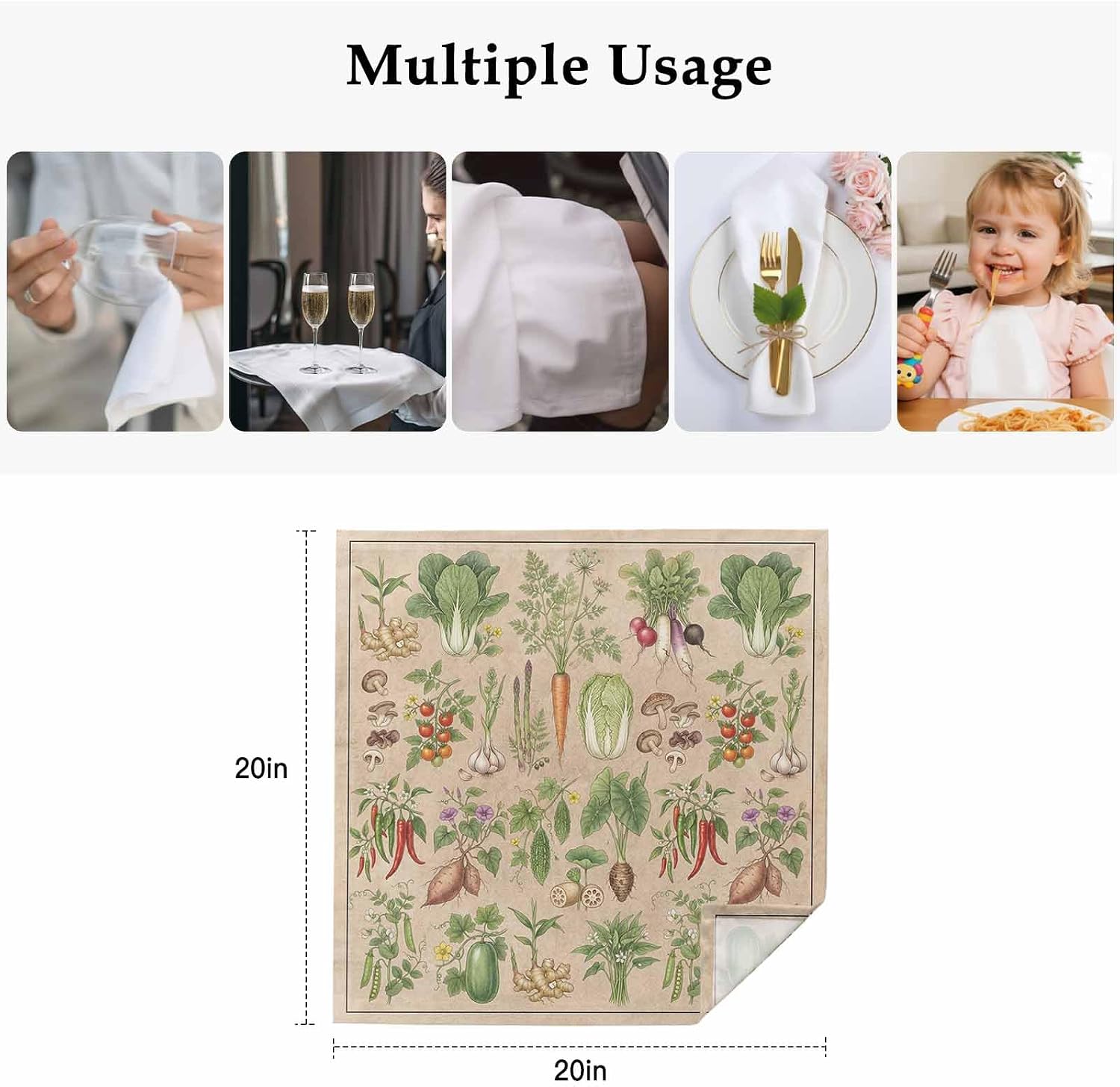 Rustic Vegetable Garden Cloth Napkins, Vintage Farmhouse Plants Beige Washable and Reusable Dinner Napkins Set of 6, Table Napkin for Kitchen Party Birthday Wedding Hotel Housewarming 20"x20"