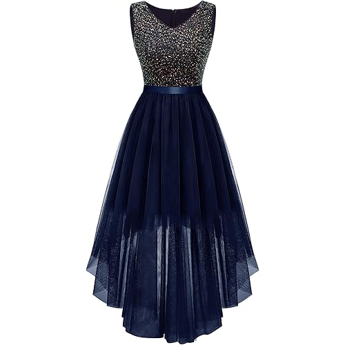 BeryLove Sequin Wedding Guest Formal Cocktail Dresses Prom Party Lace High Low Bridesmaid Elegant Dress