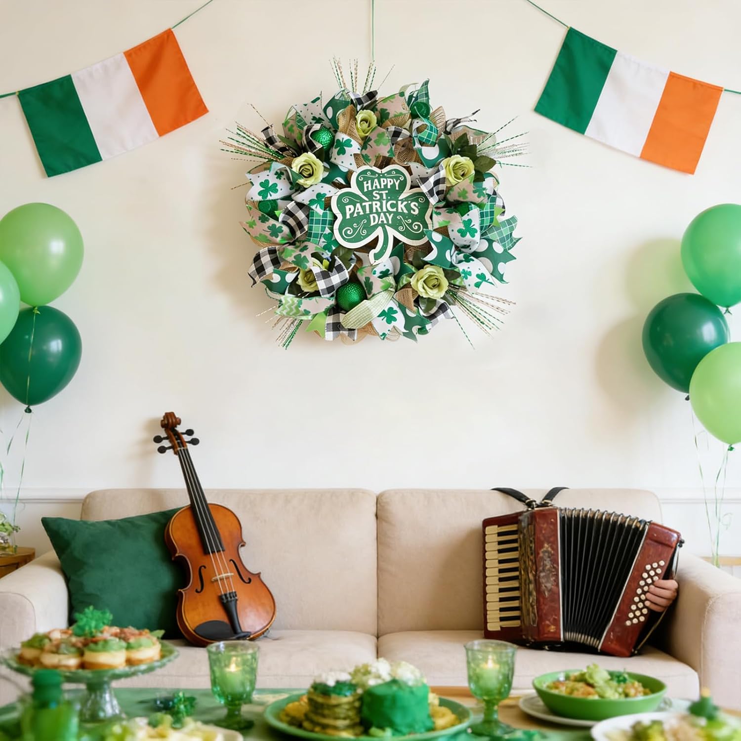 22" St Patrick's Day Wreath for Front Door - Shamrock Mesh Wreath with Green Glitter Hats, Shiny Balls & Roses, Lucky St Patty's Day Door Decoration, Irish Clover Wreath for March Home Decor