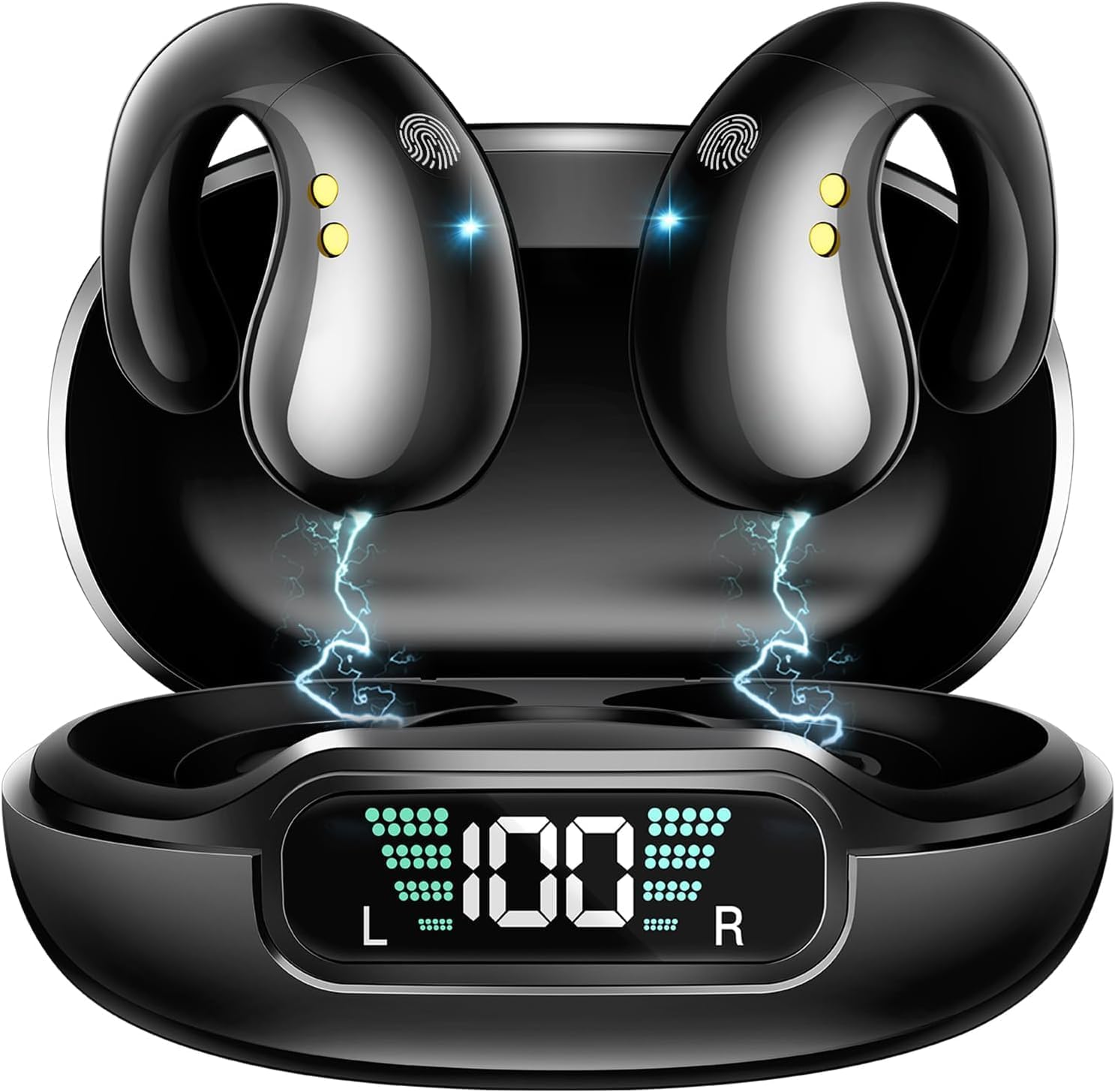 Open Ear Clip Wireless Bone Conduction Enhanced Wireless Bluetooth 5.3 Earbuds, Headphones Sports Built-in Microphone with Earhooks,Digital Display Charging Case,IPX7 Waterproof Fitness for Running