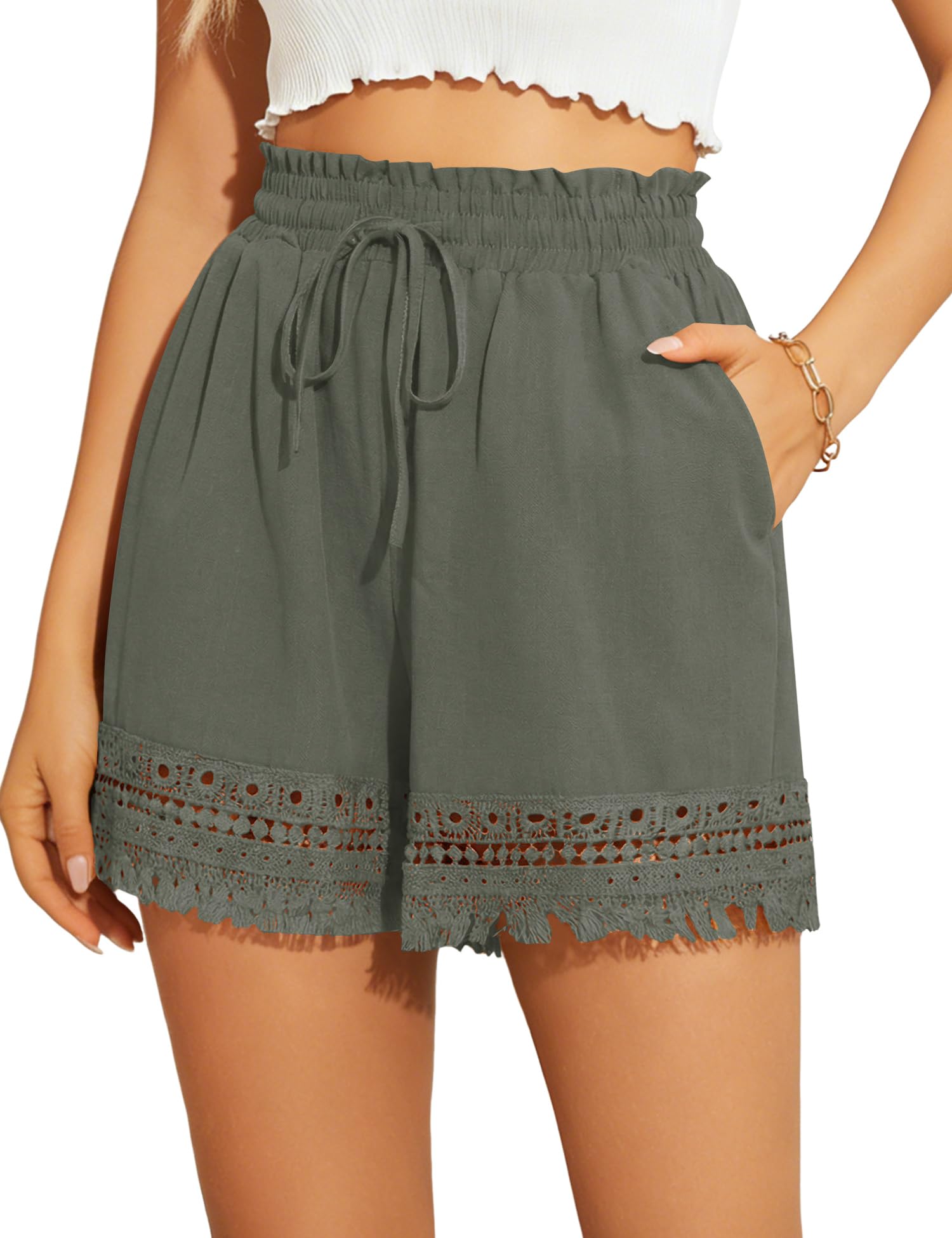 Rapbin Kurze Hose Damen Sommer Hohe Taille Shorts Elastische Kordelzug Casual Kurze Hosen mit Taschen für Urlaub und Kurzreise