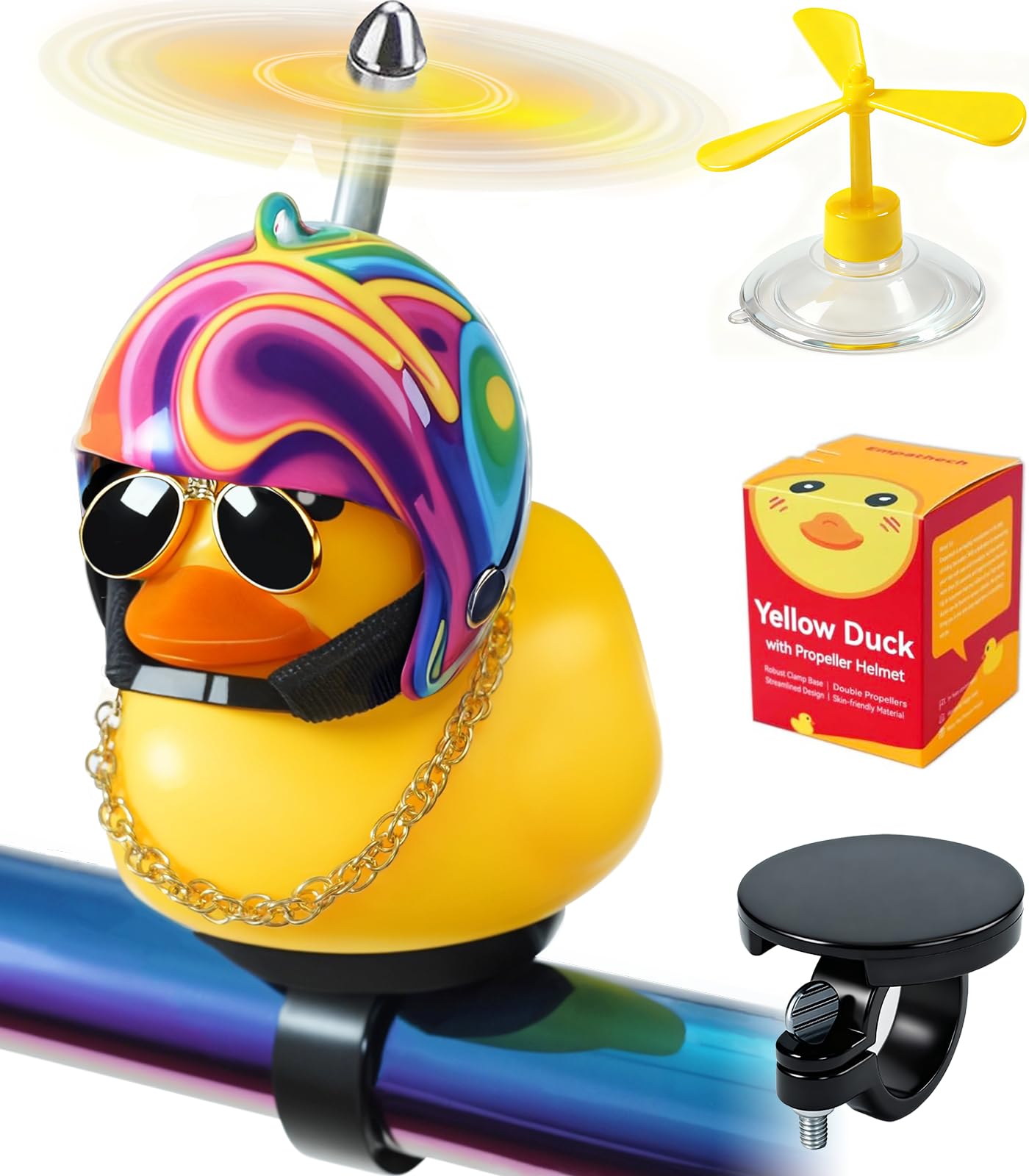 EMPATHECH Rubber Duck Bike Decorations [New Stable Clamp Mount] Cute Squeak Duck Bike Bell [Two Helmet Propeller] Funny Bike Accessories E Scooter