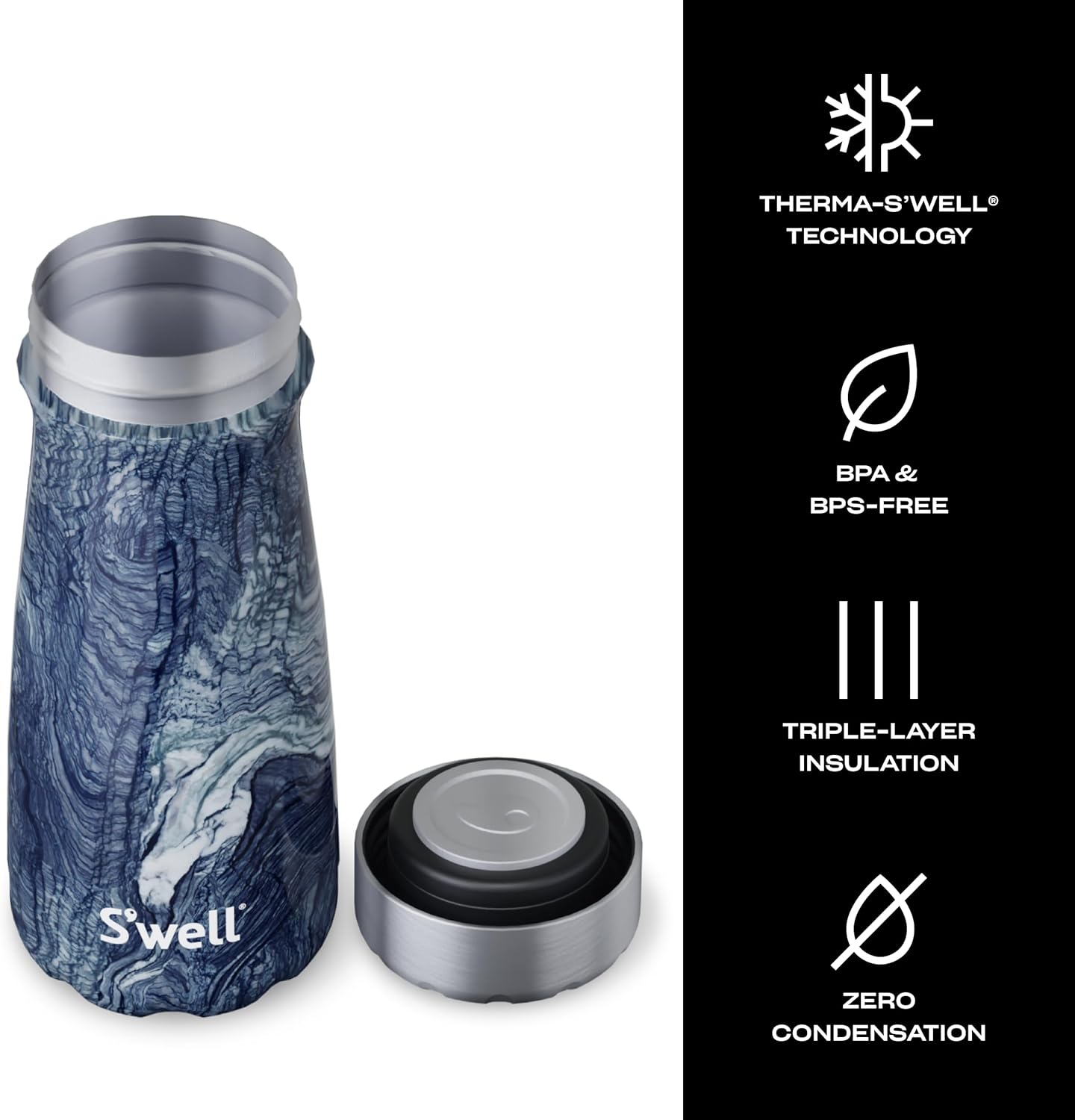 S'well Stainless Steel Traveler, 16oz, Azurite Marble, Triple Layered Vacuum Insulated Containers Keeps Drinks Cold for 24 Hours and Hot for 12, BPA Free, Easy Carrying On the Go - Image 3