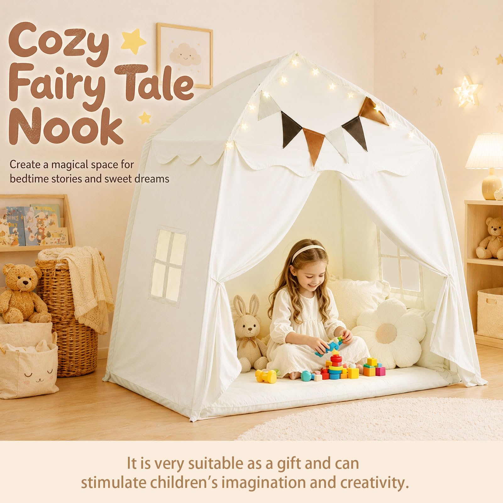 Kinderzelt Indoor, Spielzelt mit Flaggen & Lichterketten, Tipi Zelt Kinderzimmer, Spielhaus Kinder, Tragbares und Faltbares Tipi, Spielzelt Prinzessin Zelt für Mädchen Jungen (Beige)