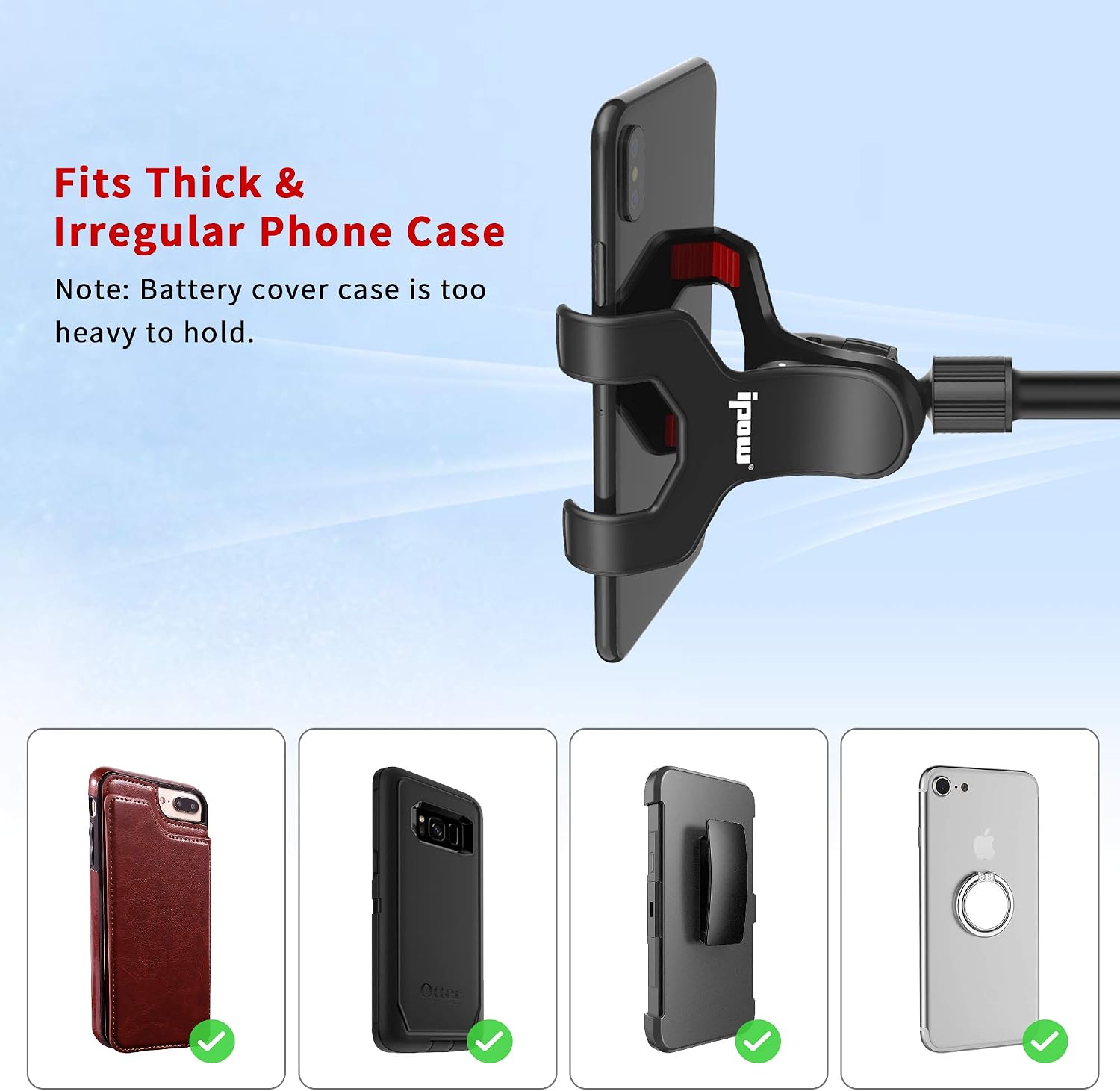 IPOW Upgraded No Glue Car Phone Mount Windshield with Strong Suction, Long Arm Cell Phone Holder for Car with X-Shaped Clamp Fits Thick/Irregular Phone Case