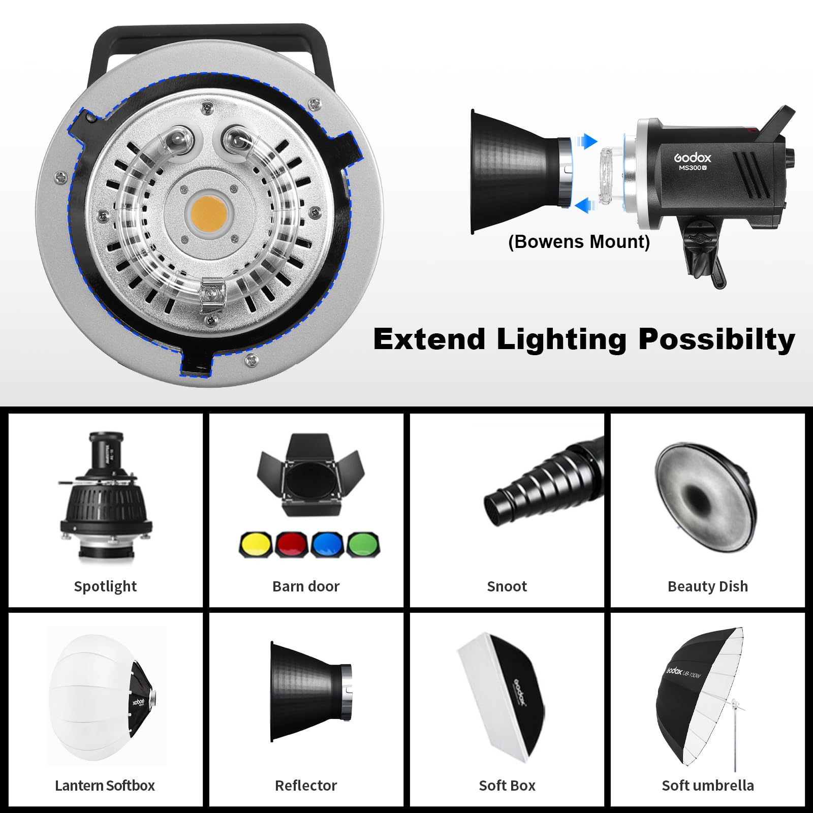 Godox MS300V Flash Studio Kit 5800K±200K Tiempo de Reciclaje de 0.1-1.8 s Sistema X Inalámbrico 2.4G con Reflector estándar Photoflash Monolito para fotografía de Estudio, Retrato y Comercial