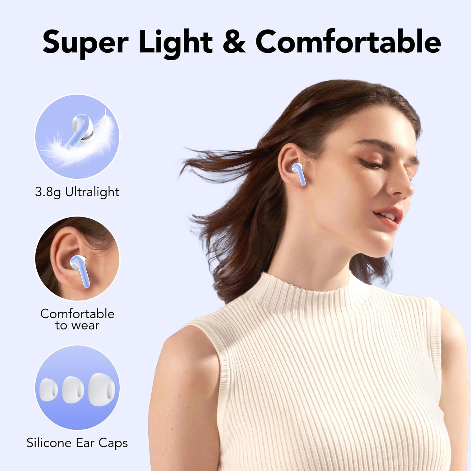 Person using IKT X08 earbuds for a call with ENC noise cancellation diagram
