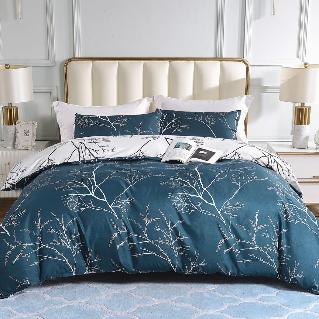 Lekesky Reversible Duvet Cover Queen Size, Dark Blue White Thin Branch Comforter Covers Queen 3pc Ultra Soft Microfiber Breathable Stylish Bedding Sets with Zipper Ties