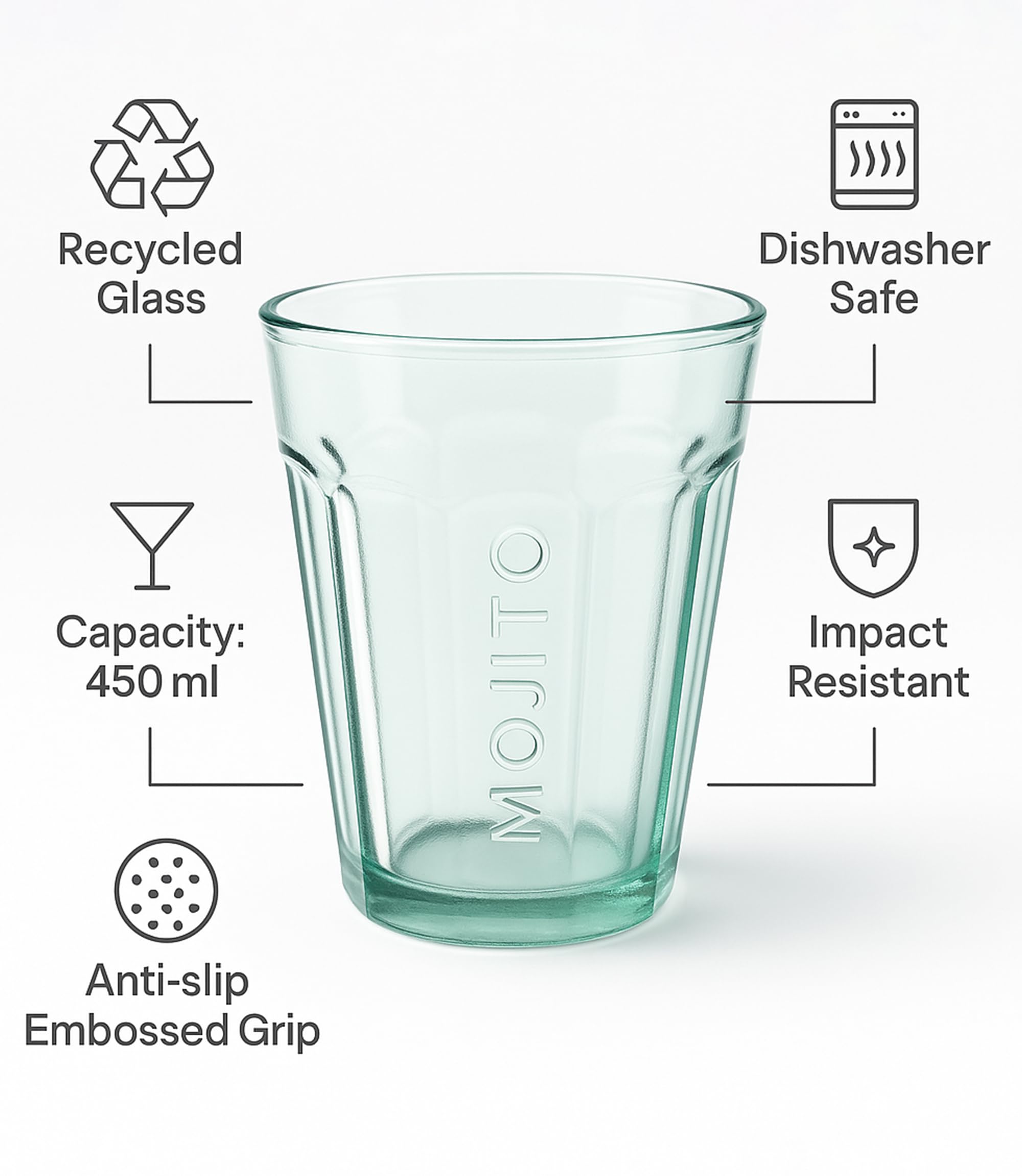 Pack 6 Vasos Mojito Vidrio Reciclado 450ml Resistentes Reutilizables Para Cócteles Batidos Helados Diseño Cónico con Relieve Ideal para Fiestas Verano Bar Hogar Bebidas Frías y Refrescantes