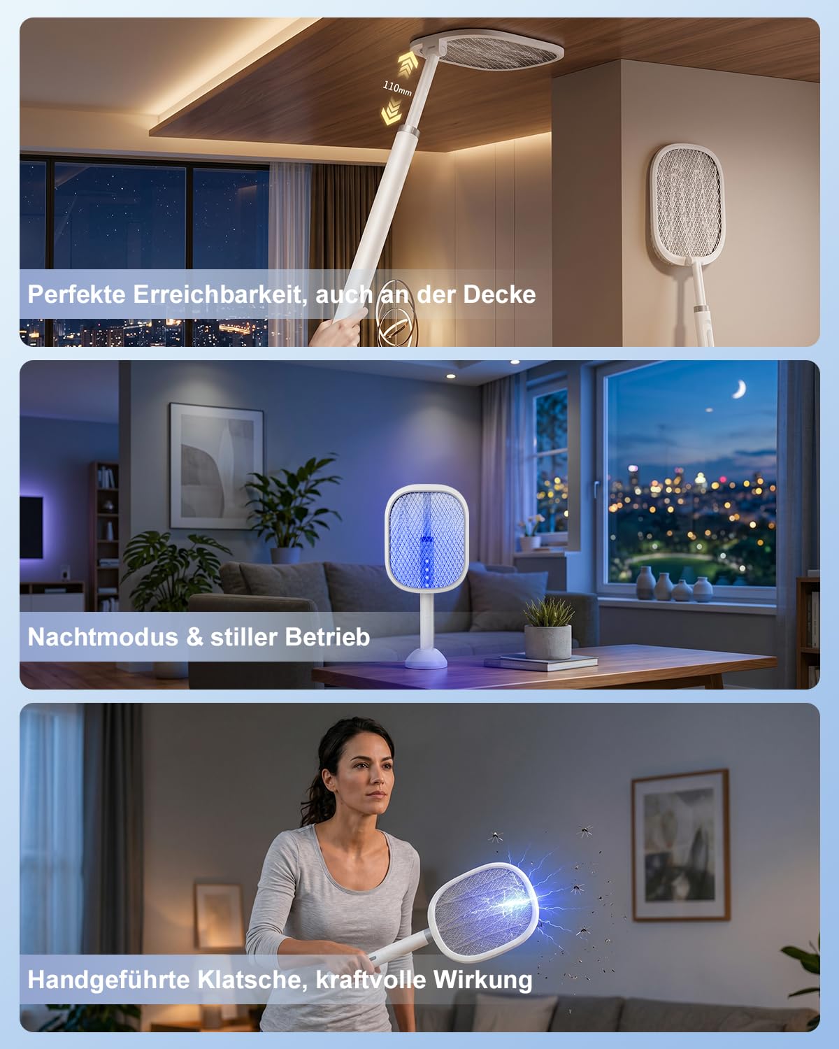 Elektrische Mückenklatsche 2-in-1 – Ausziehbarer Teleskop-Griff für Decken, 4200V Fliegenklatsche Elektrisch mit UV Lichtfalle, Klappbar mit Standfuß für Mücken & Motten