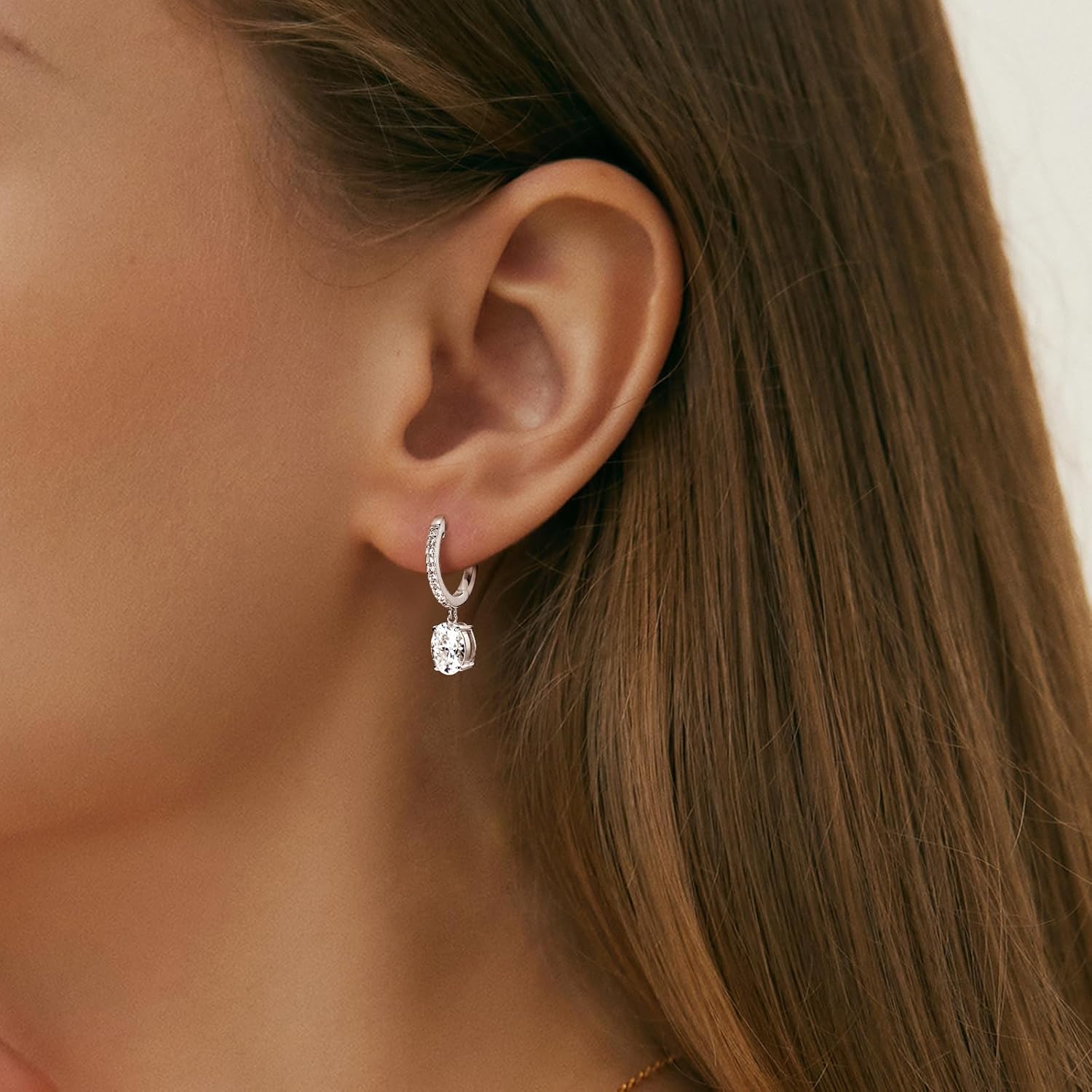 1.5ct Oval Moissanite Huggie Hoop Earrings, D Color VVS1 Clarity, 925 Sterling Silver Dangle Earrings for Mother's Day Wedding Birthday Jewerly Gifts (Silver) - Image 2