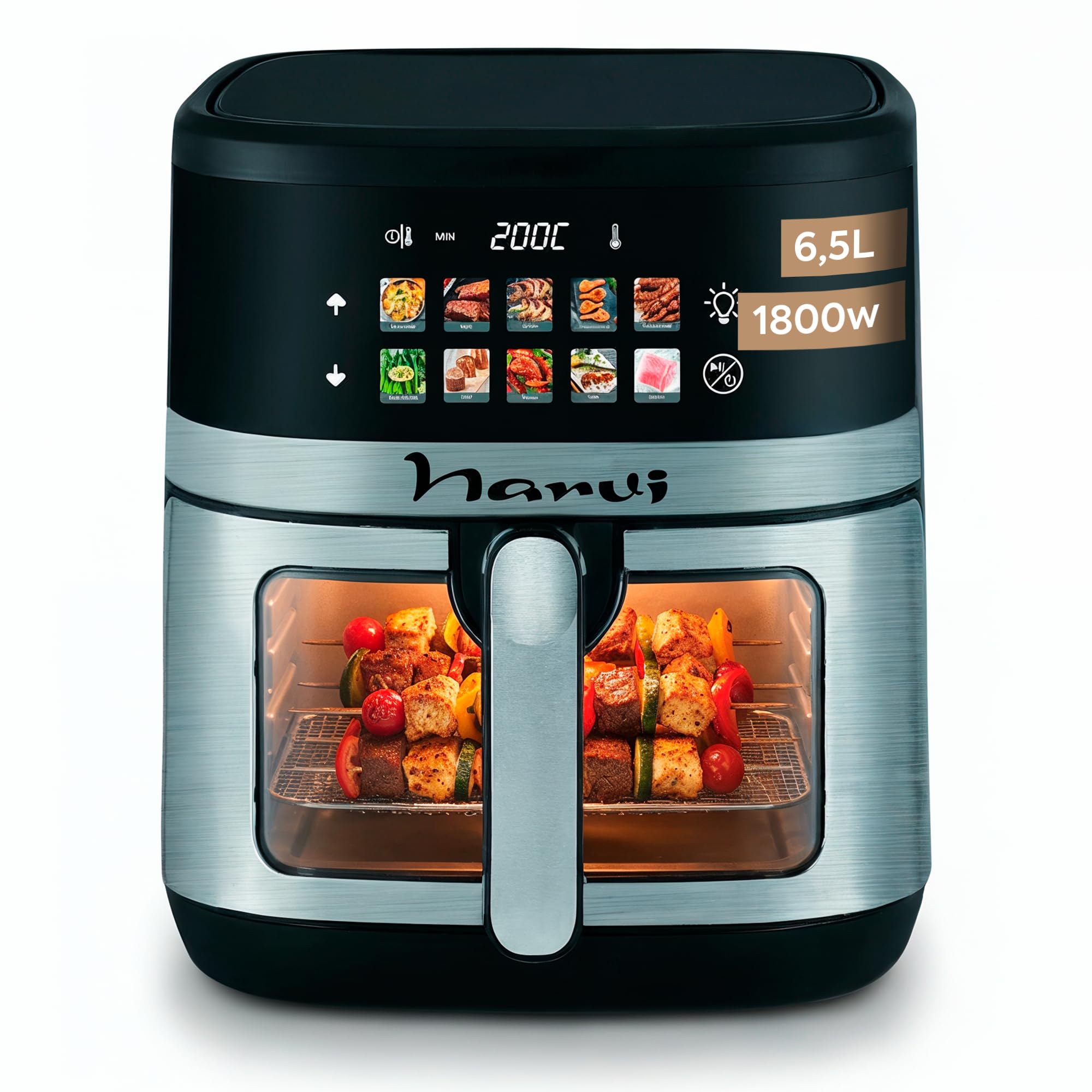 Narvi Freidora de Aire 6,5L 1800W con Ventana Visible – Air Fryer Digital Táctil, 10 Menús Automáticos, Cocción 360°, 80–200°C, Air fryer 6,5L Sin BPA ni PFOA, Apta Lavavajillas