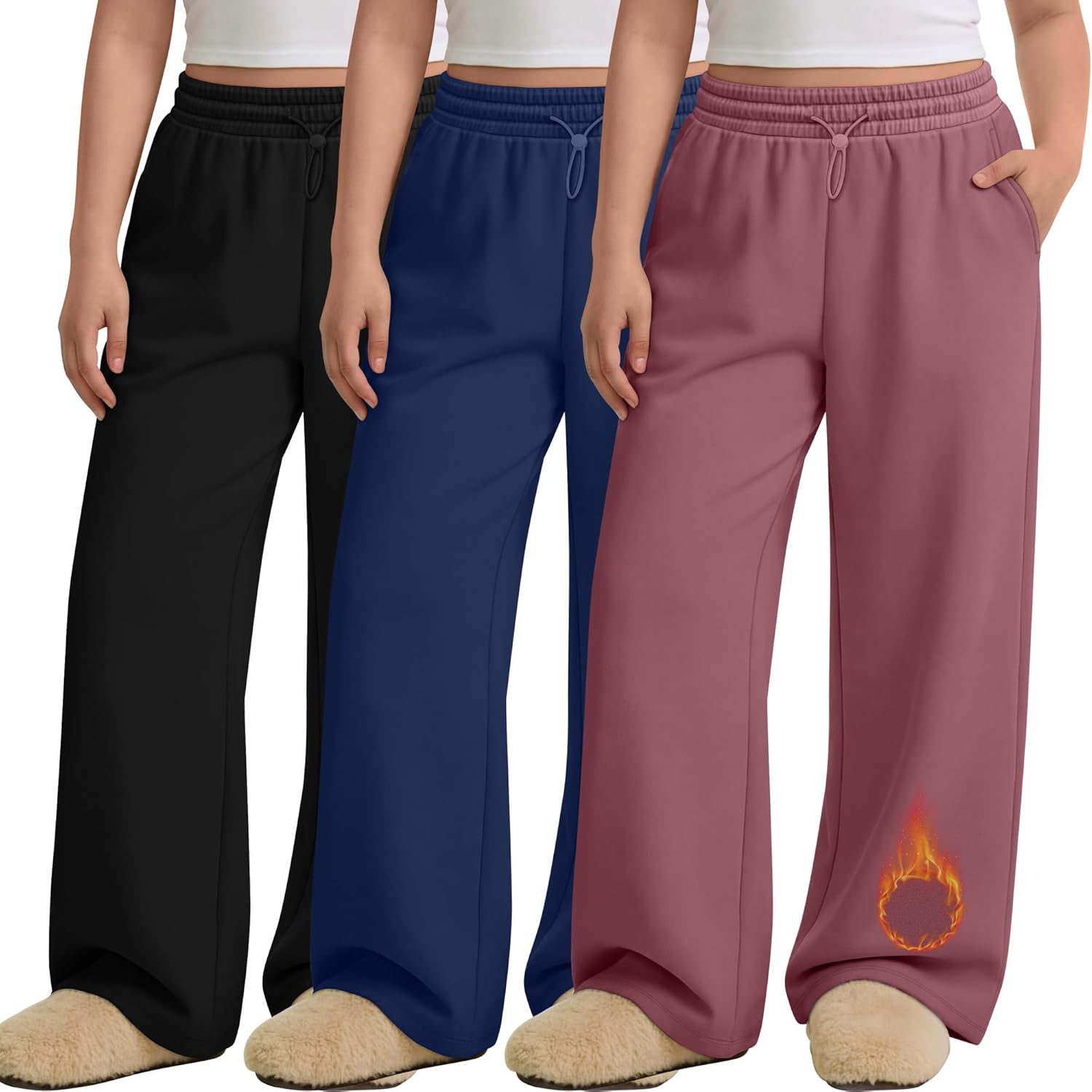 3 Pack Women's Plus Size Fleece Lined Sweatpants Wide Leg Joggers Shock Cord High Waisted Thermal Pants with Pocket