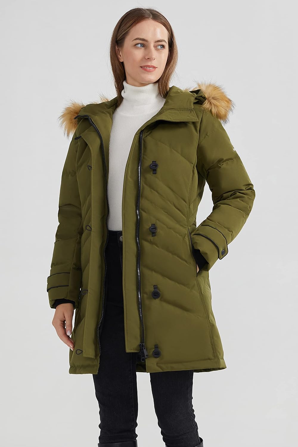 Orolay Women's Hooded Slim Puffer Jacket Quilted Mid Length Winter Down Coat - Image 5