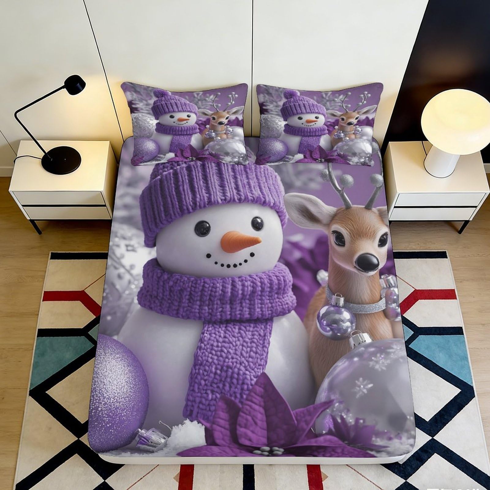 3D Printed Snowman Purple Fitted Sheet Microfiber Soft Christmas Deer Bed Cover for Bedroom Dorm Mattress Protection Decor 200x200x25cm