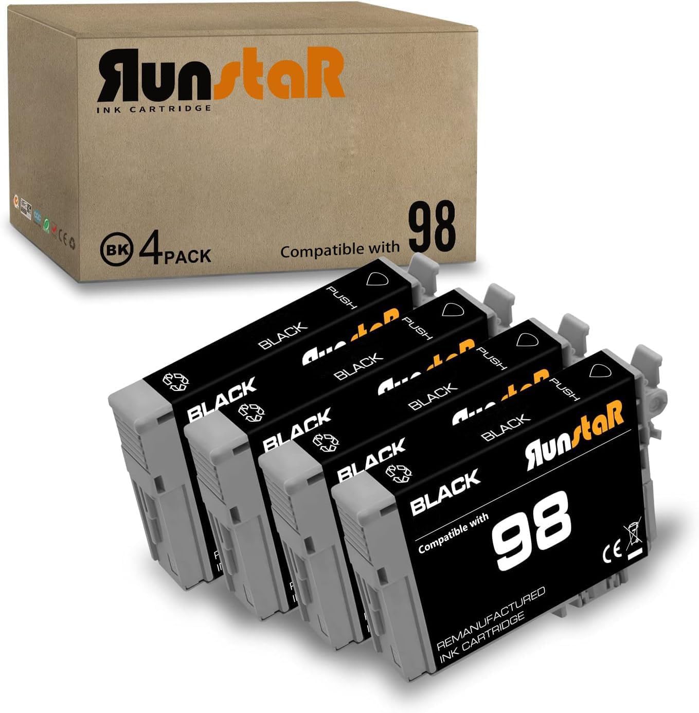 Run Star 98 T098 Black Remanufactured Ink Cartridge Replacement for Epson T098 98 T099 use with Epson Artisan 700 710 725 730 800 810 835 837 Inkjet Printer (4 Black)