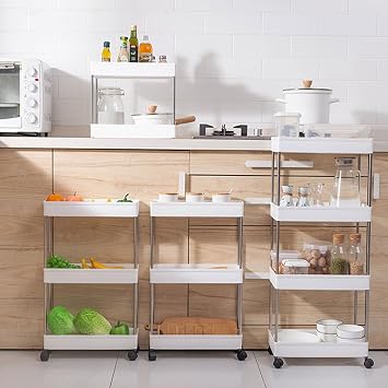 Plastic Storage Trolley on Wheels Slide-out Slim Rolling Utility Cart Mobile Storage Shelving Organizer for Kitchen, Bedroom, Bathroom, Office (3-Tier,Armless)