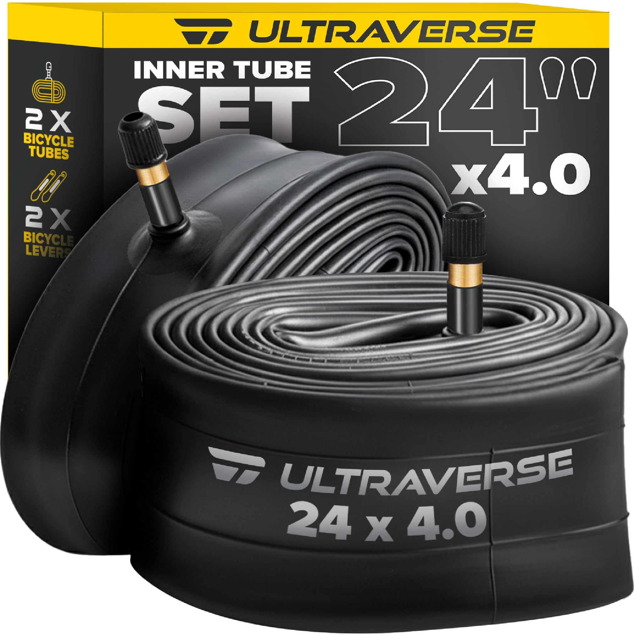 Photo 1 of Ultraverse 24 x 4.0 Inner Tube Set with Schrader Valve - Ideal for Mountain Bikes & E-Bikes with 24-Inch Fat Tires - Durable & Reliable Performance- 2 Pack with Tire Levers