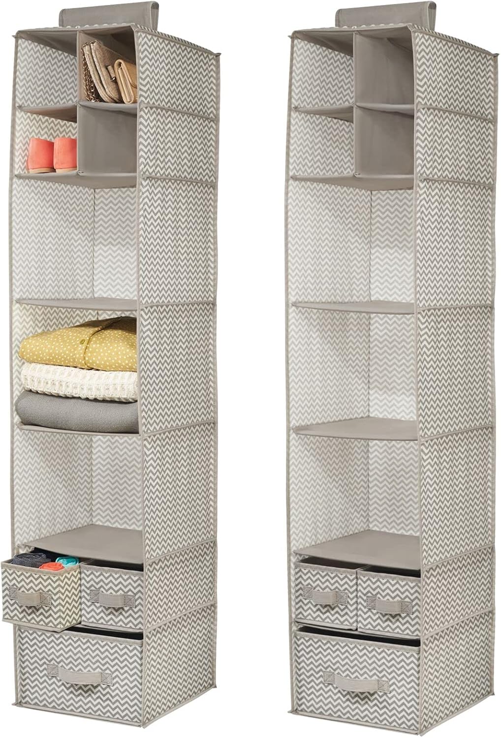 mDesign Soft Fabric Over Closet Rod Hanging Storage Organizer with 7 Shelves and 3 Removable Drawers for Clothes, Leggings, Lingerie, T Shirts - Chevron Zig-Zag Print - 2 Pack - Taupe/Natural